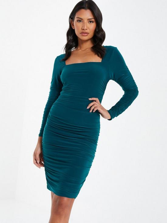 front image of quiz-ruched-long-sleeve-midi-dress