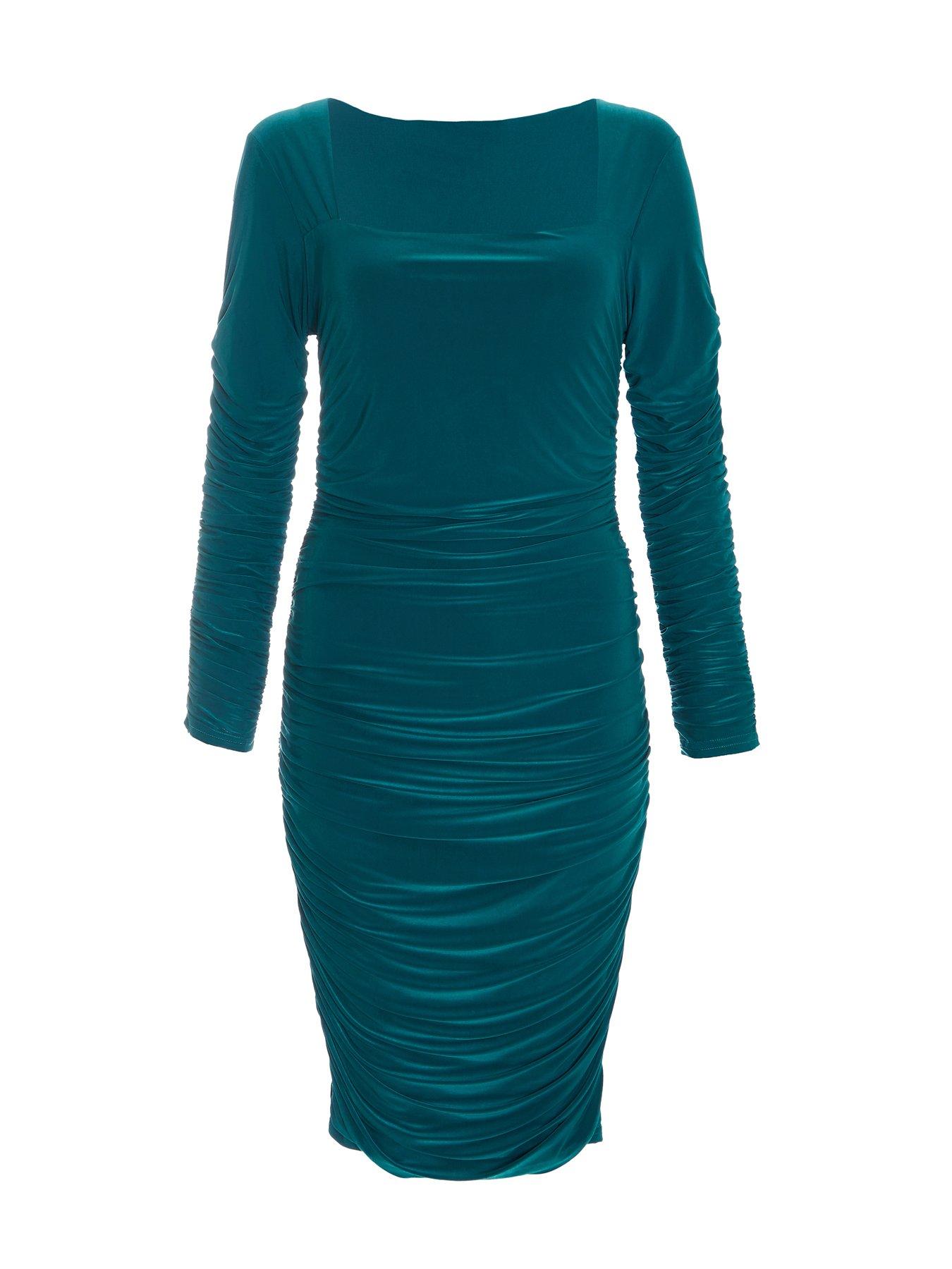 Quiz Ruched Long Sleeve Midi Dress Light Green Very