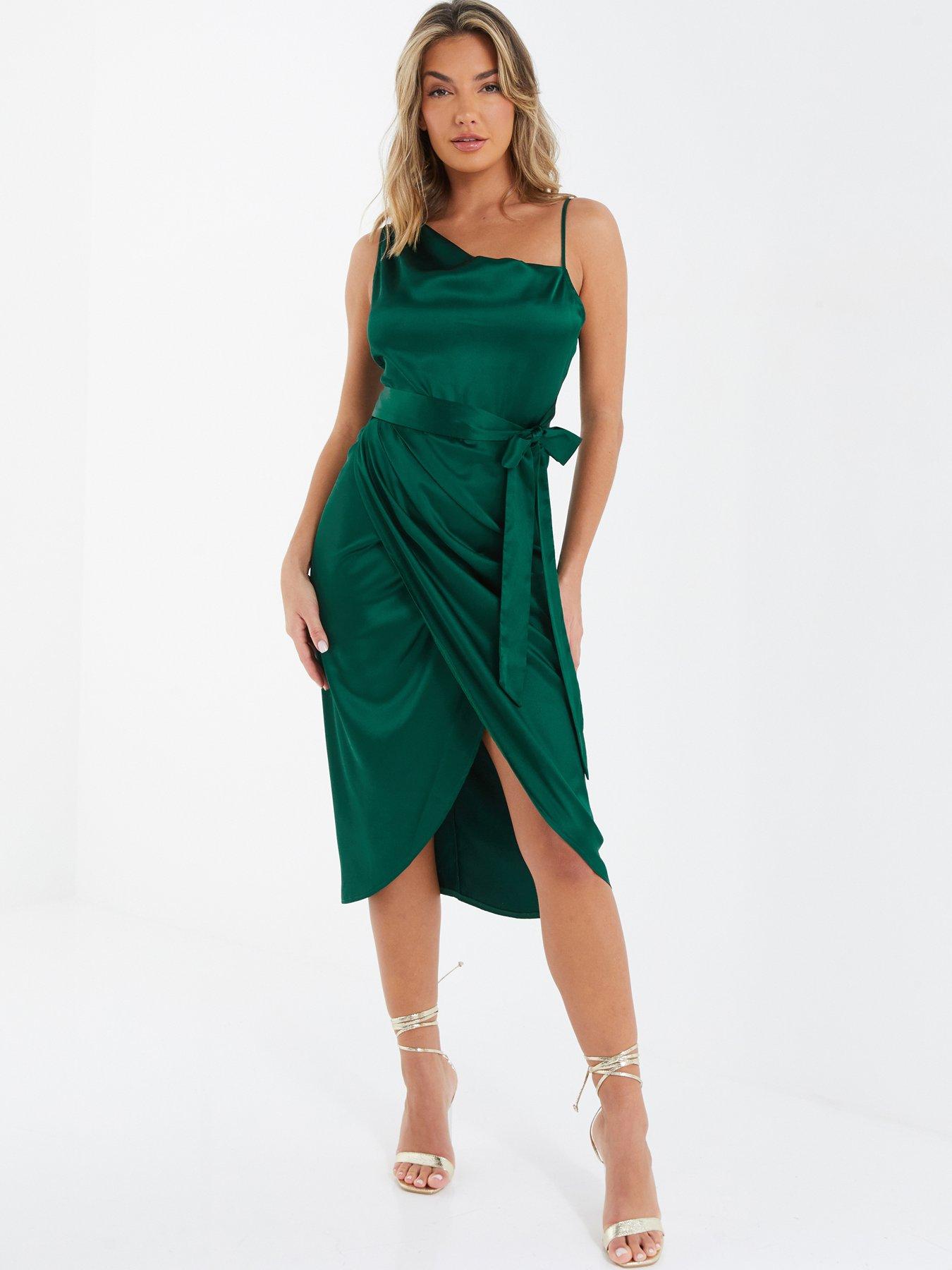 Quiz Satin One Shoulder Midi Dress - Dark Green | very.co.uk