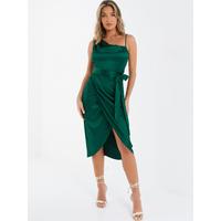 Quiz Satin One Shoulder Midi Dress - Dark Green | very.co.uk