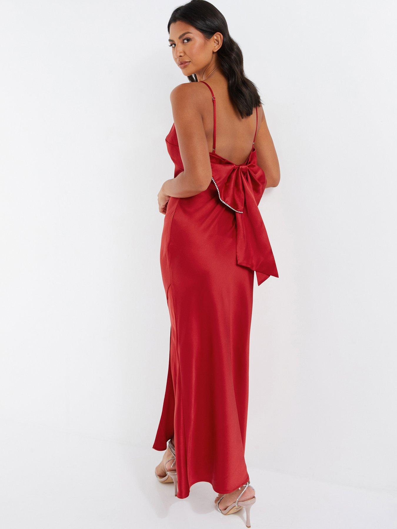 Image 2 of 6 of Quiz Satin Bow Midaxi Dress - Red