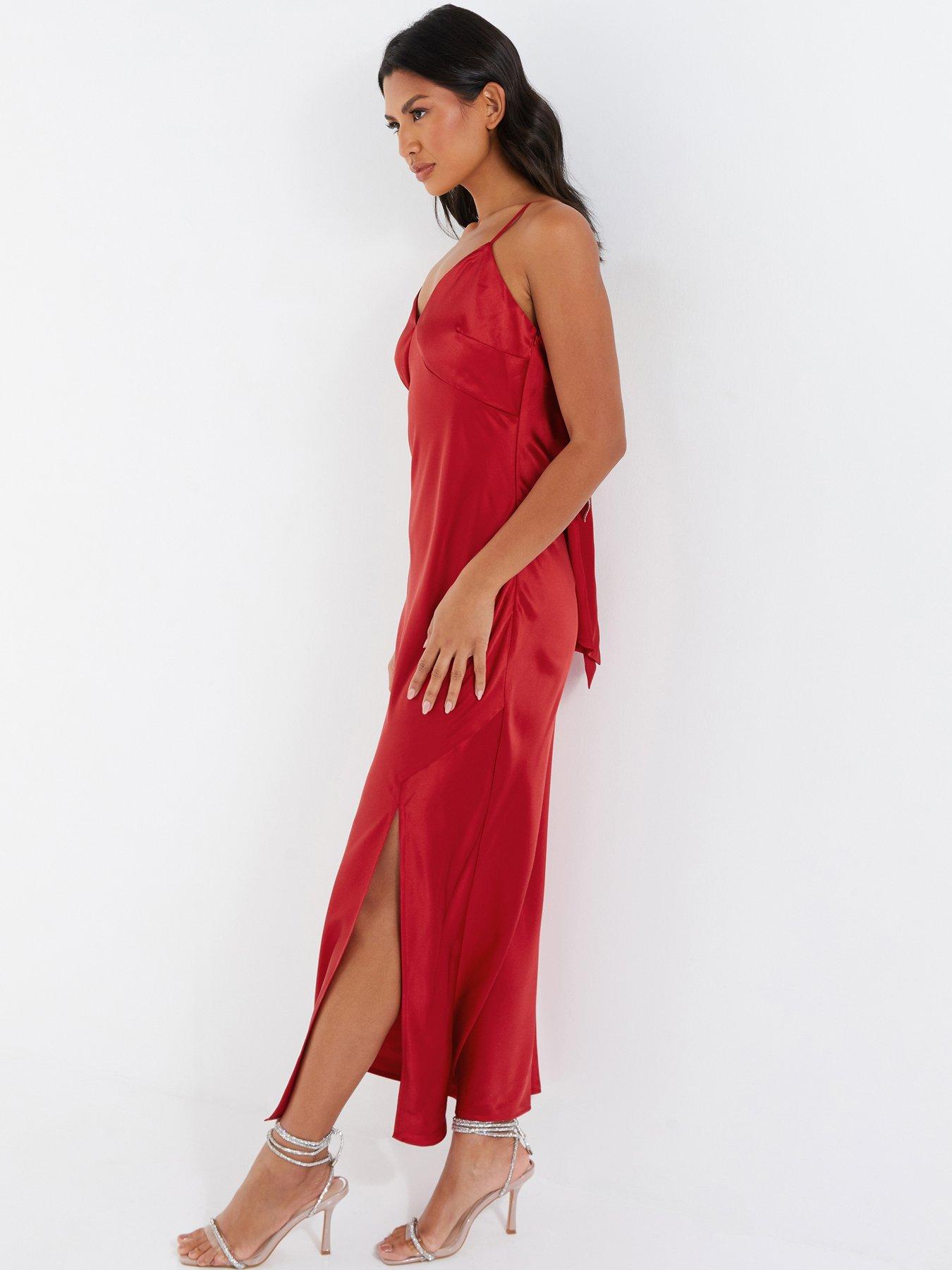 Image 3 of 6 of Quiz Satin Bow Midaxi Dress - Red