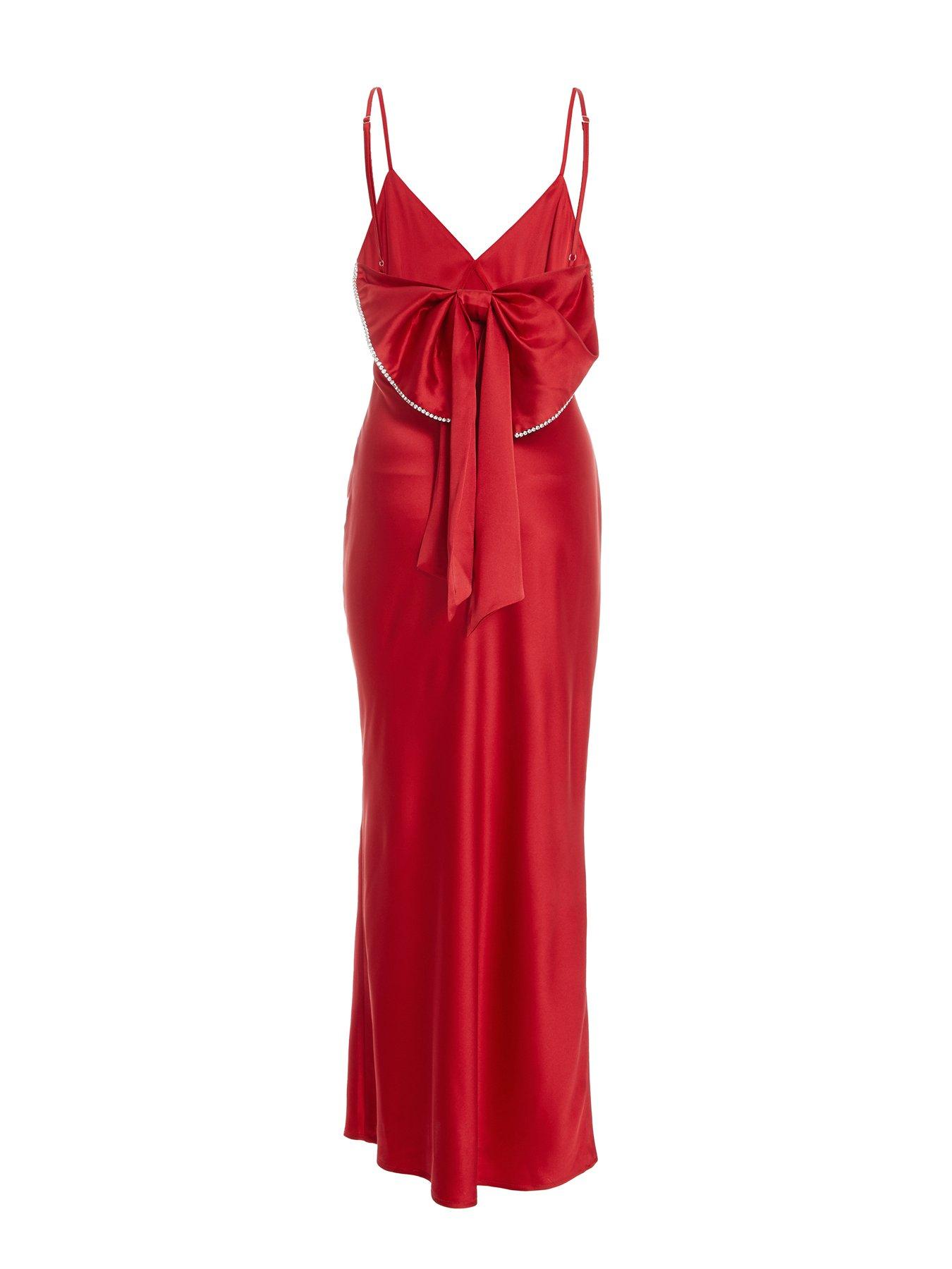 Image 5 of 6 of Quiz Satin Bow Midaxi Dress - Red
