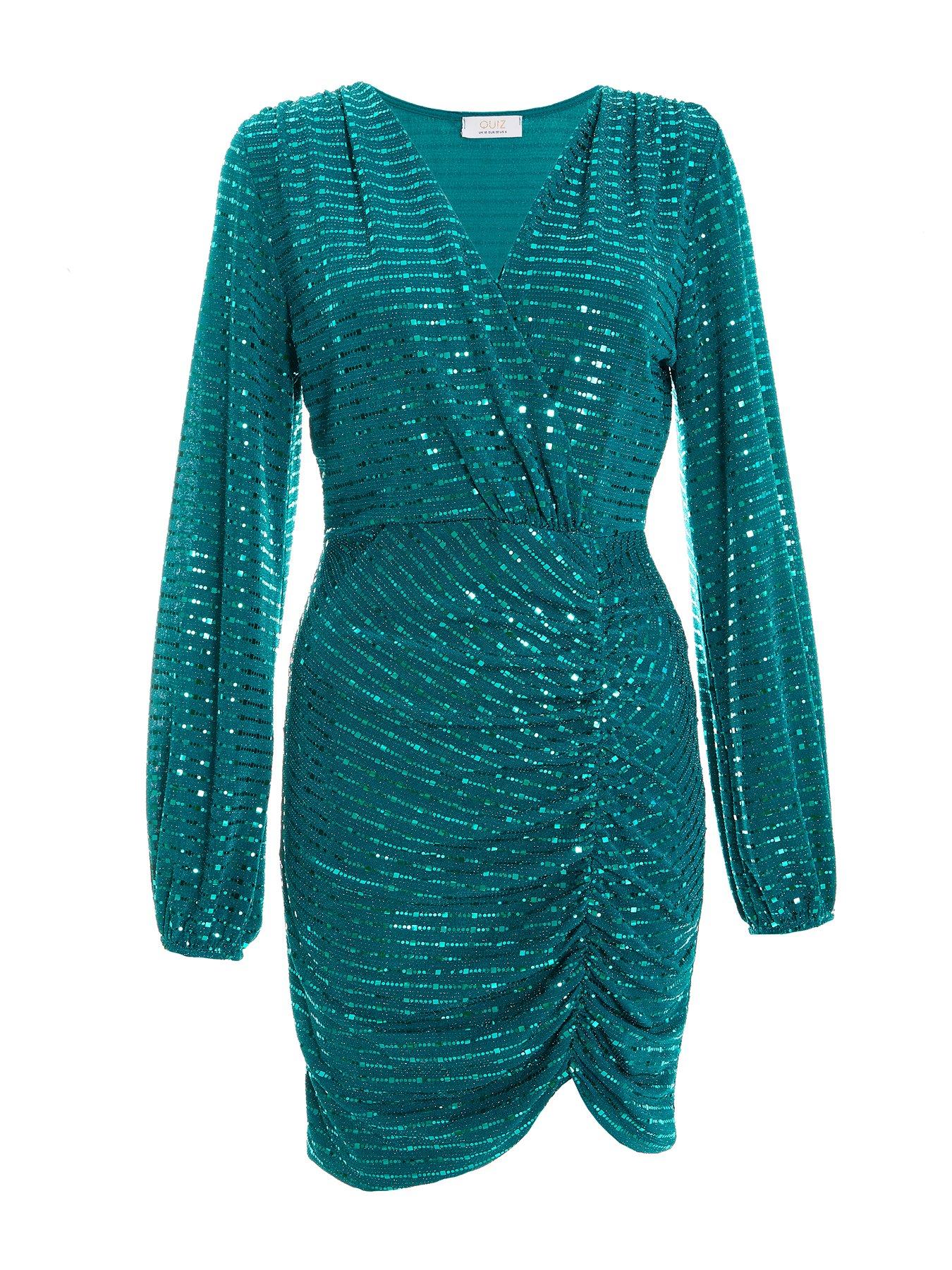 Quiz Sequin Ruched Bodycon Mini Dress Light Green Very.co.uk