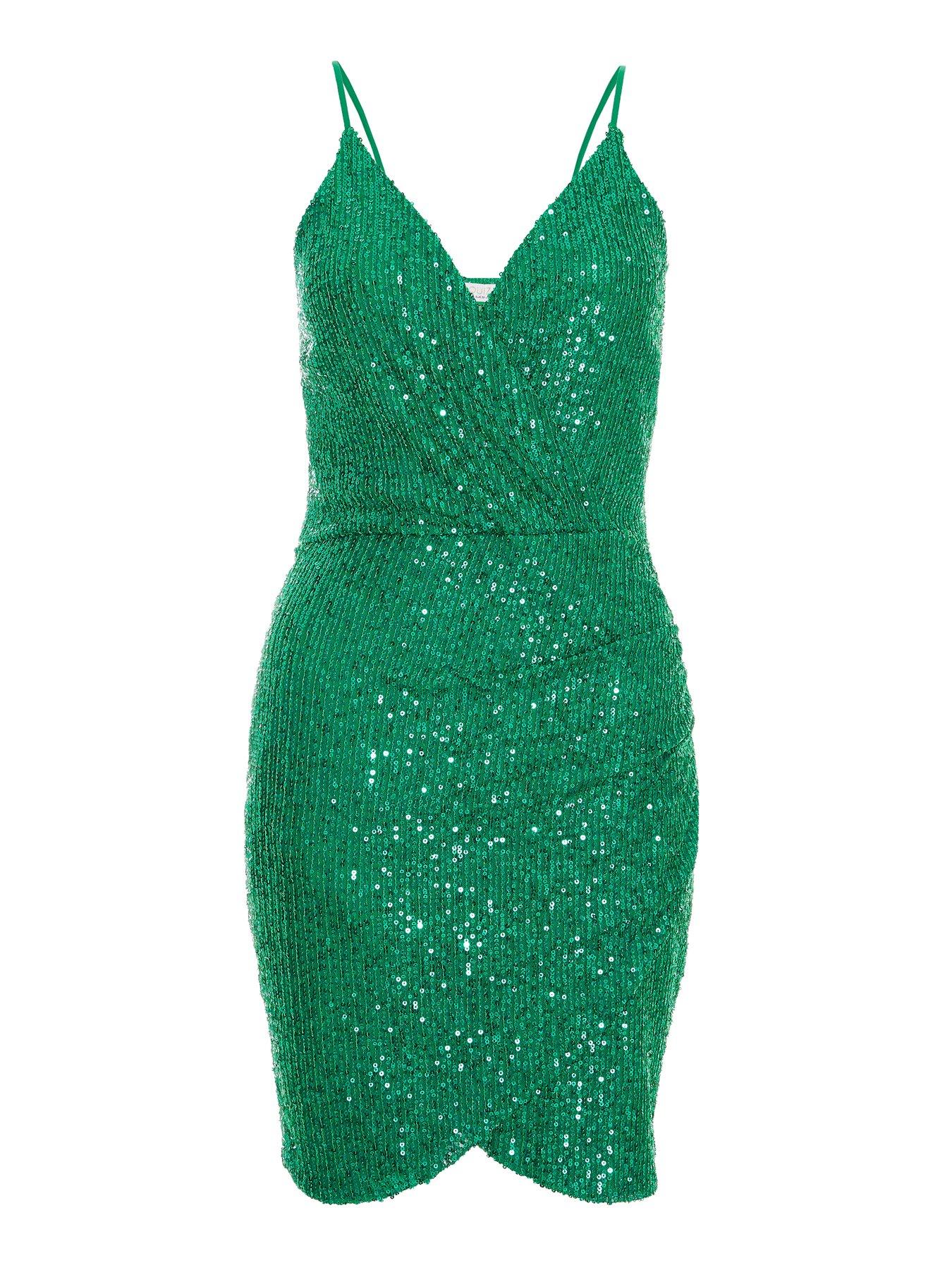 Quiz Sequin Wrap Mini Dress - Green | Very