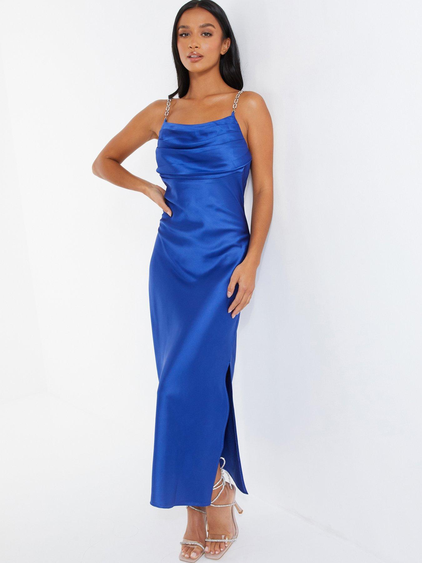 Quiz Petite Satin Diamante Maxi Dress - Blue | very.co.uk