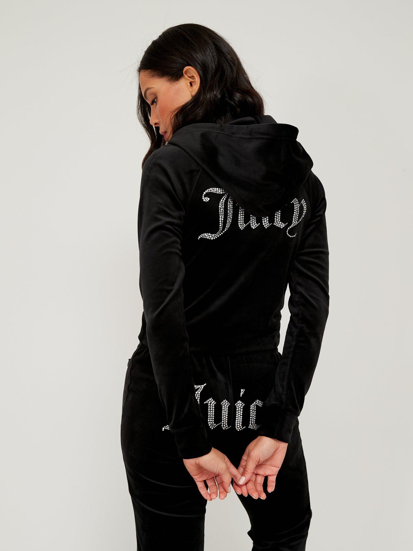 undefined Classic Velour Zip Up Hoodie With Diamante Branding - Black