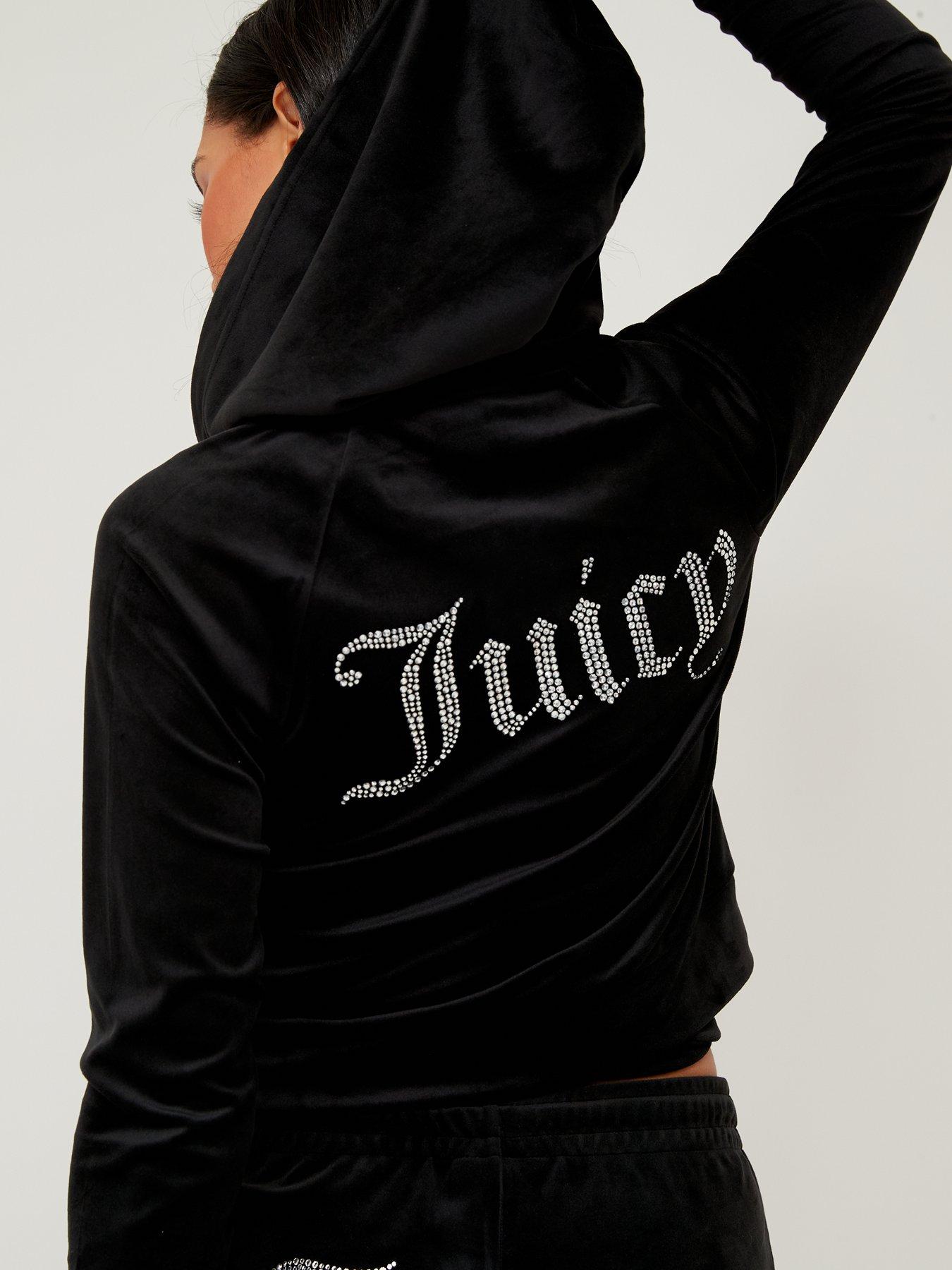 Image 4 of 5 of Juicy Couture Classic Velour Zip Up Hoodie With Diamante Branding - Black