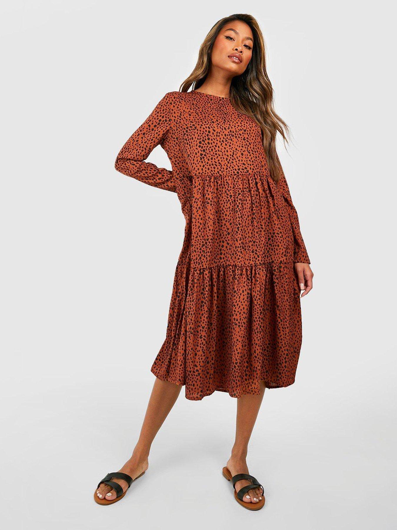 Boohoo Polka Dot Smock Dress Terracotta Uk 3260