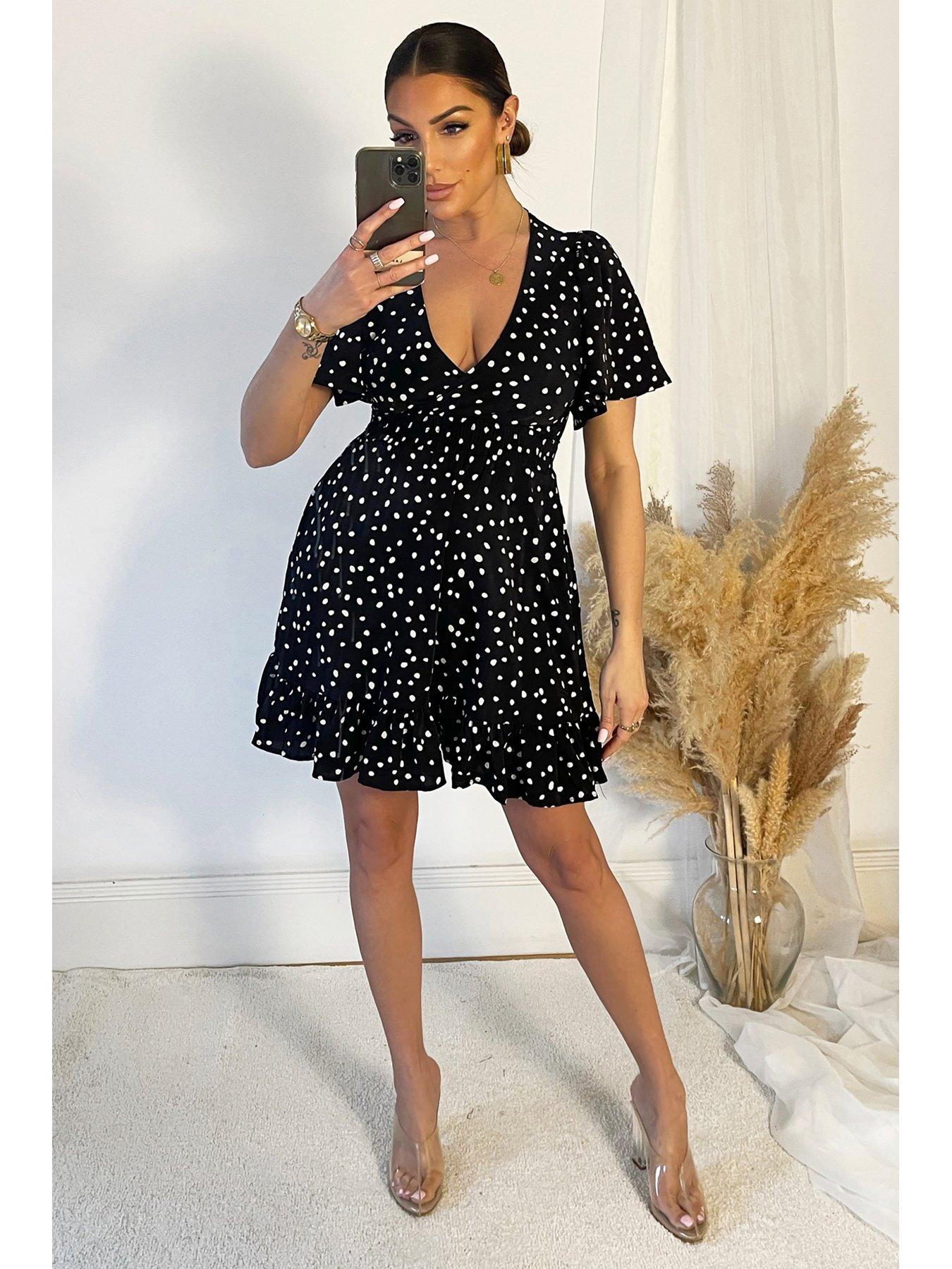 Frill Hem Mini Dress Black White Polka Dot