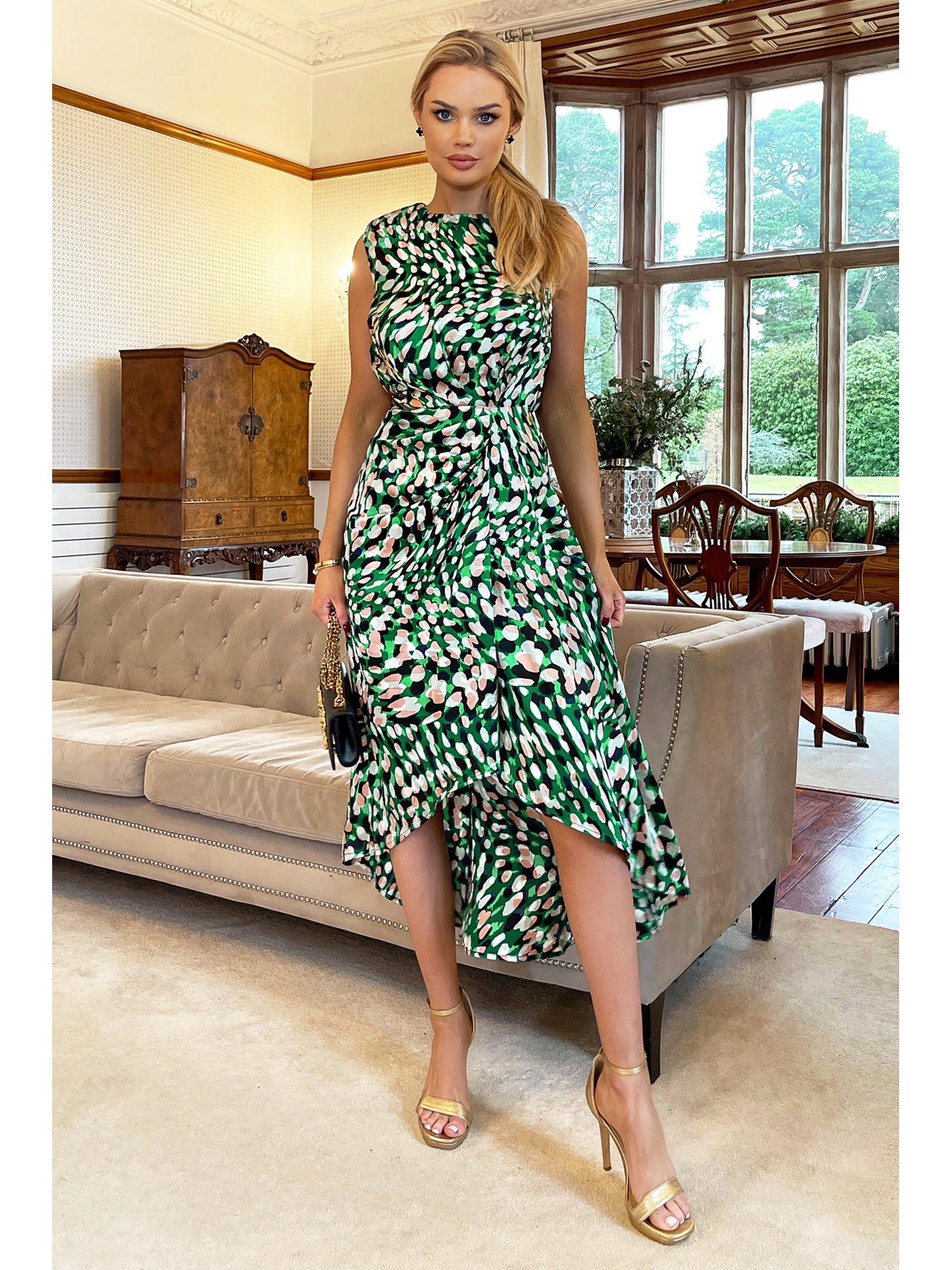 Green Printed Ruched Sleeve Frill Hem Dress – AX Paris