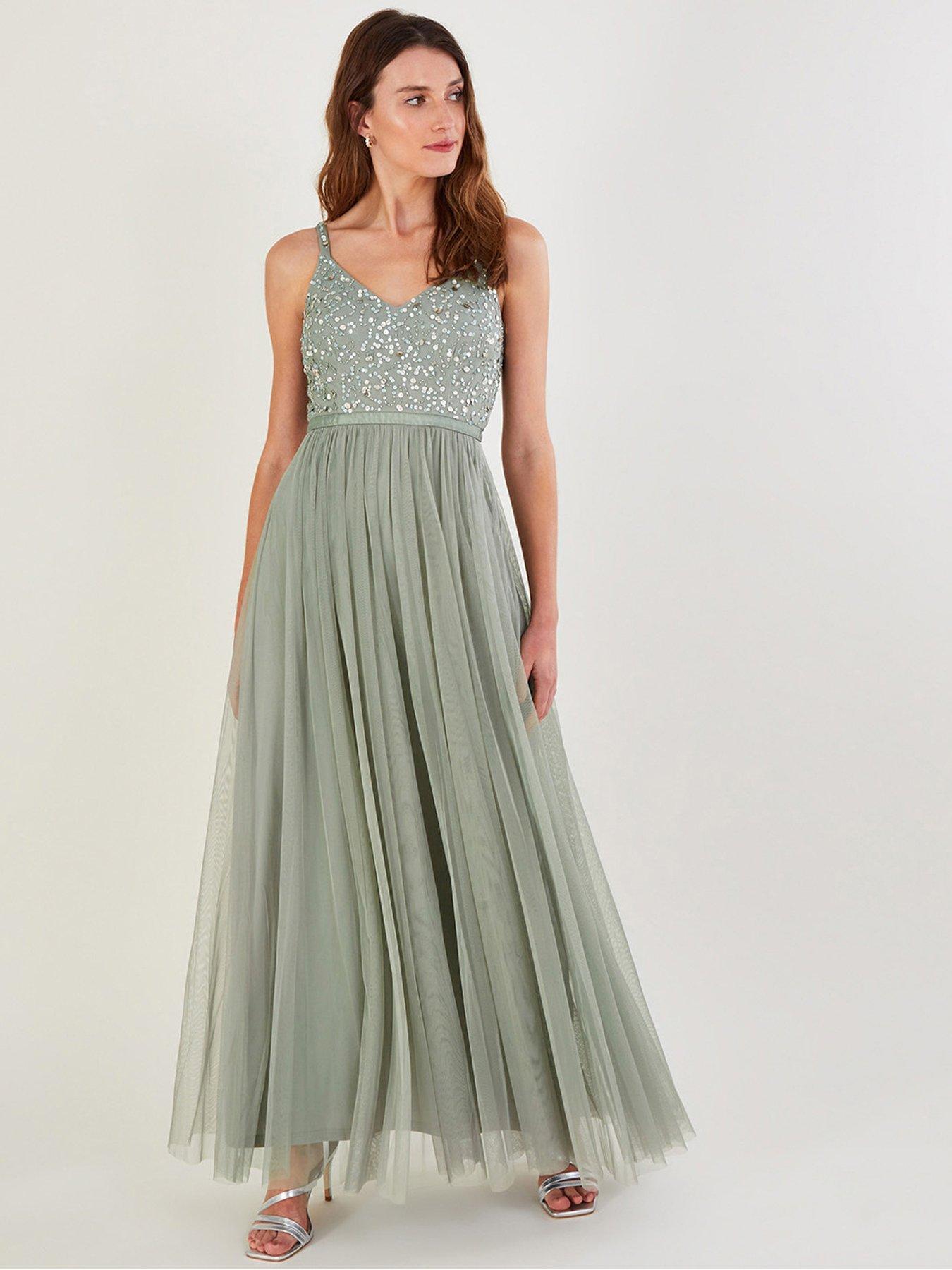 Monsoon Autumn Embroidered Maxi Bridesmaid Dress - Green | very.co.uk