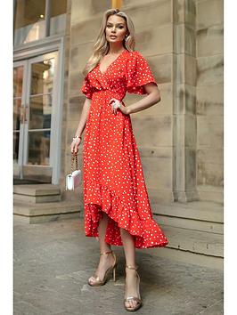 ax paris polka dot midi dress with hi low hemline - red/white