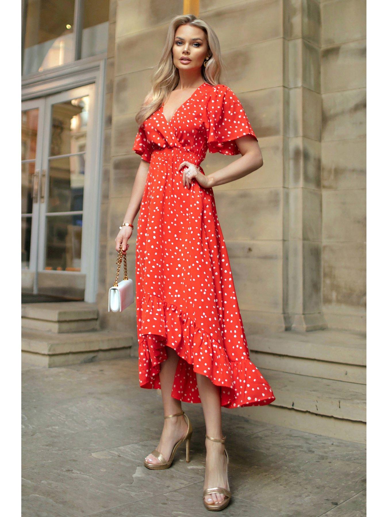 Red And White Polka Dot Printed High Low Midi Dress – AX Paris