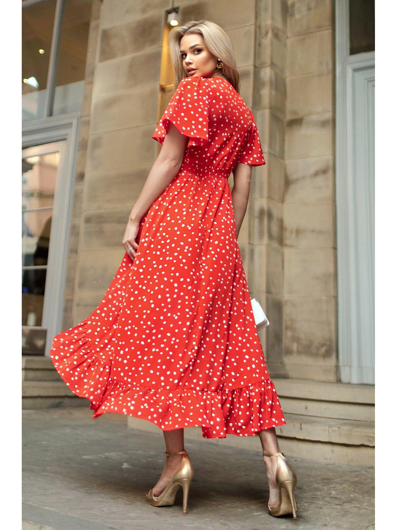 Red And White Polka Dot Printed High Low Midi Dress – AX Paris EU