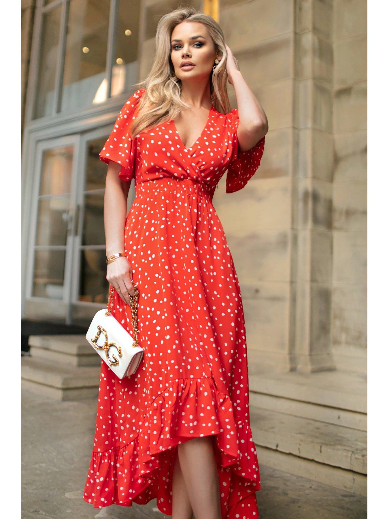 AX Paris Polka Dot Midi Dress with Hi Low Hemline Red white