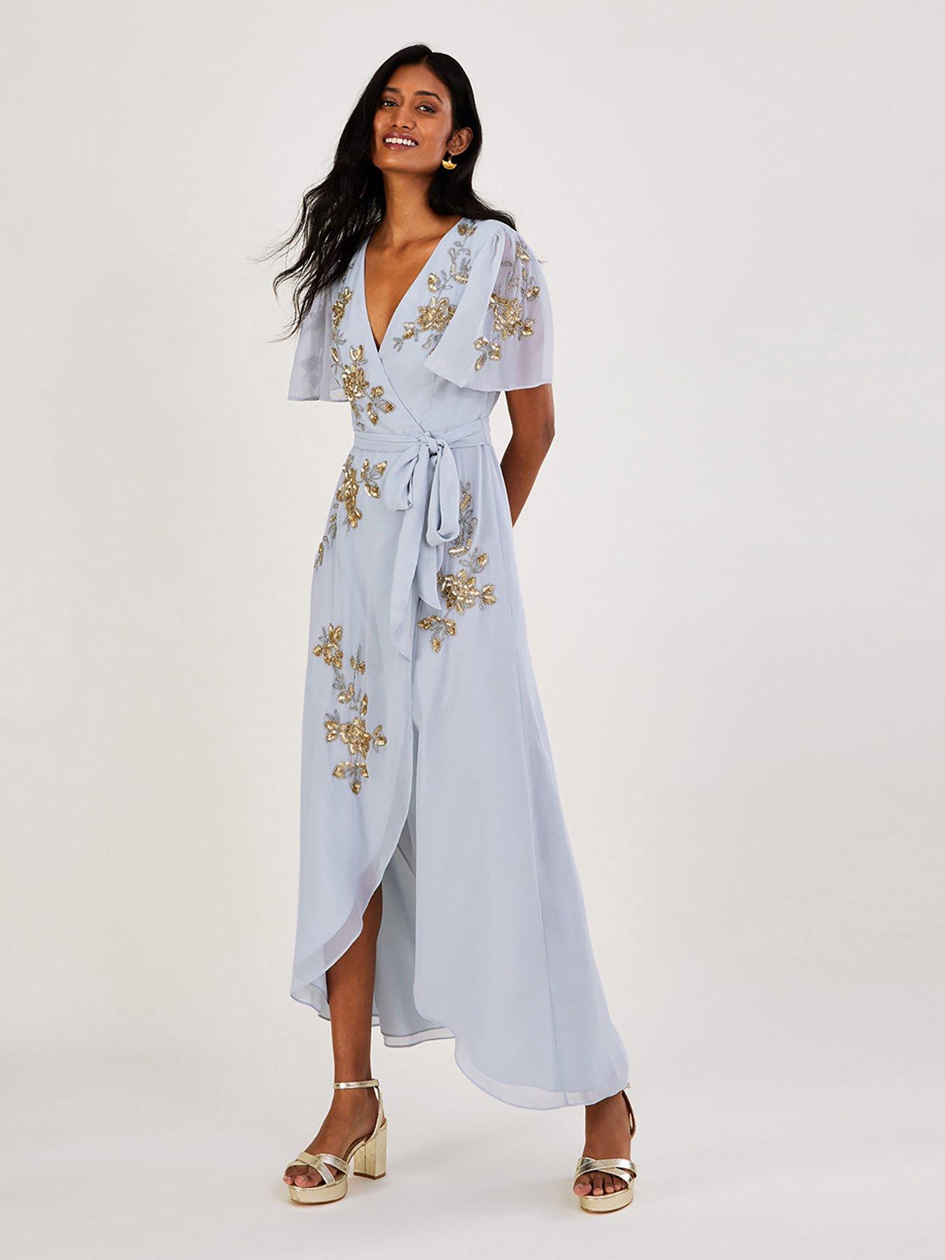 Sarah Embellished Wrap Dress Pale Blue with Gold Detailing