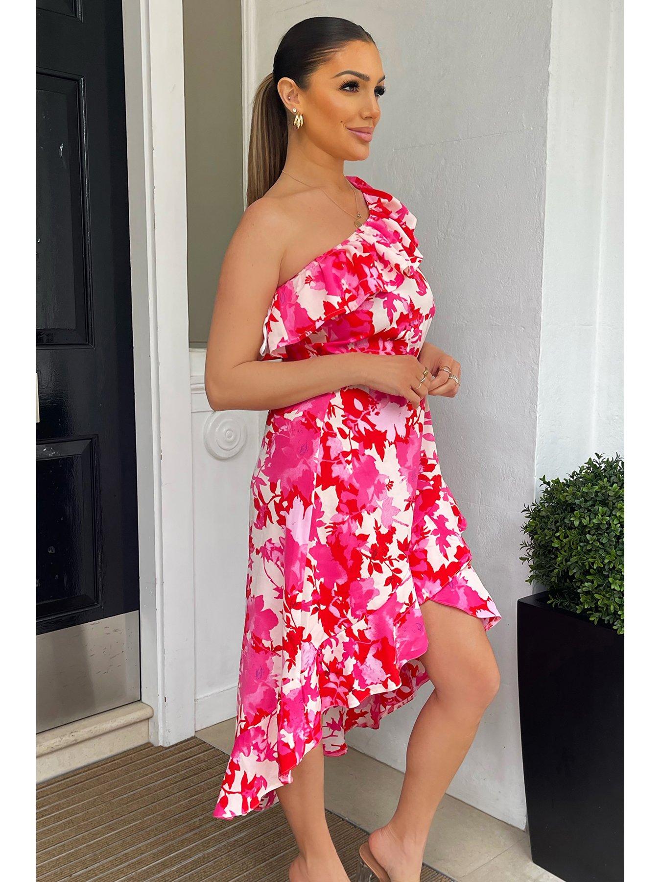 One Shoulder Frill Detail Dipped Hem Dress Pink Floral Print