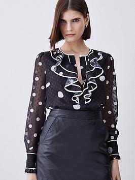 karen millen dot print ruffle detail blouse - black, black, size 10, women