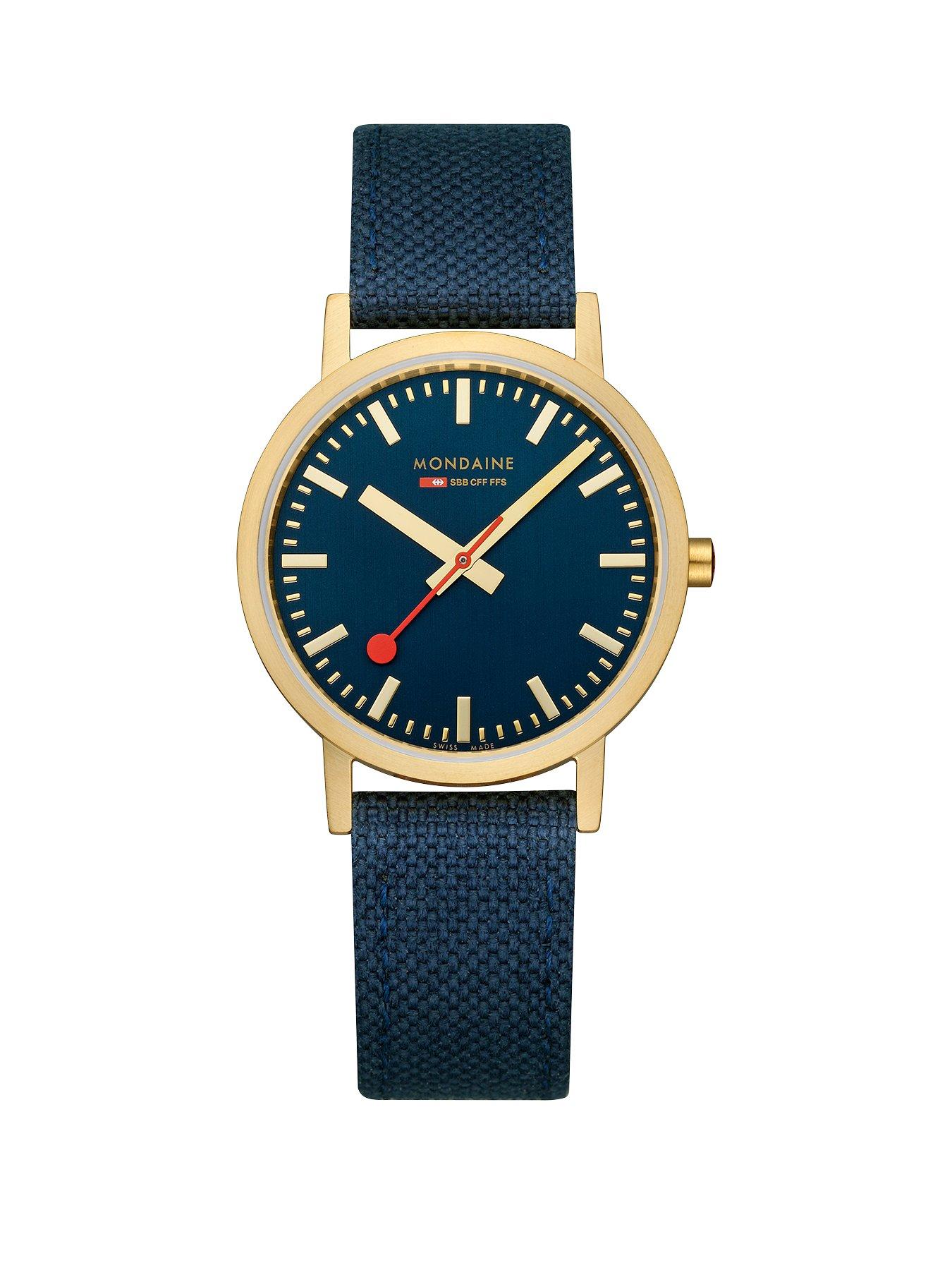 Product photograph of Mondaine Classic Golden 36mm Case Deep Ocean Blue Watch from very.co.uk