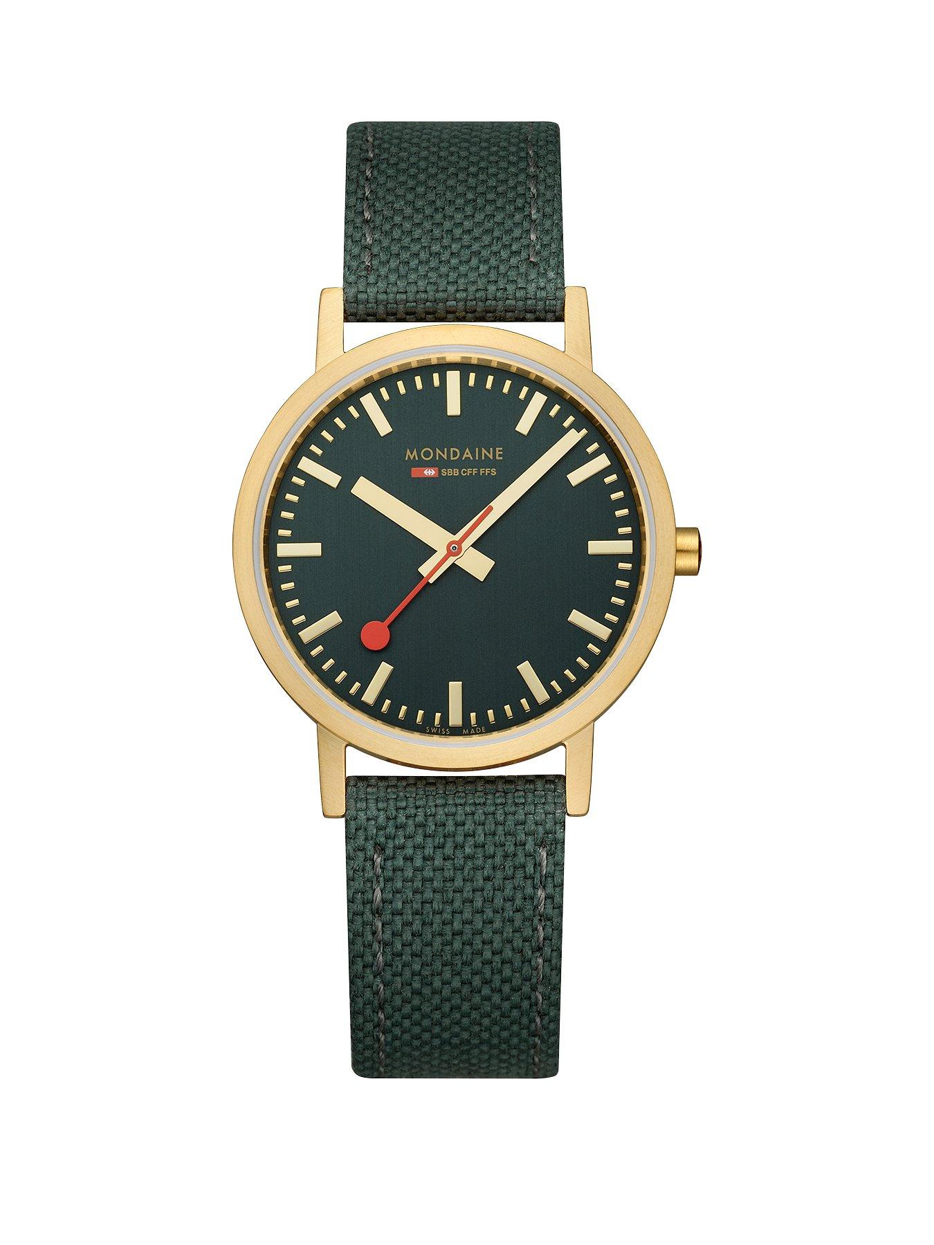 Product photograph of Mondaine Classic Golden 36mm Case Forest Green Watch from very.co.uk