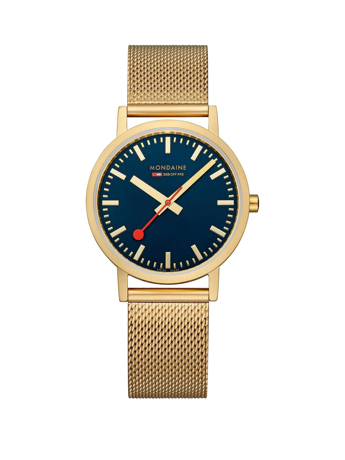 Product photograph of Mondaine Classic Golden 36mm Case Deep Ocean Blue Watch With Mesh Bracelet from very.co.uk