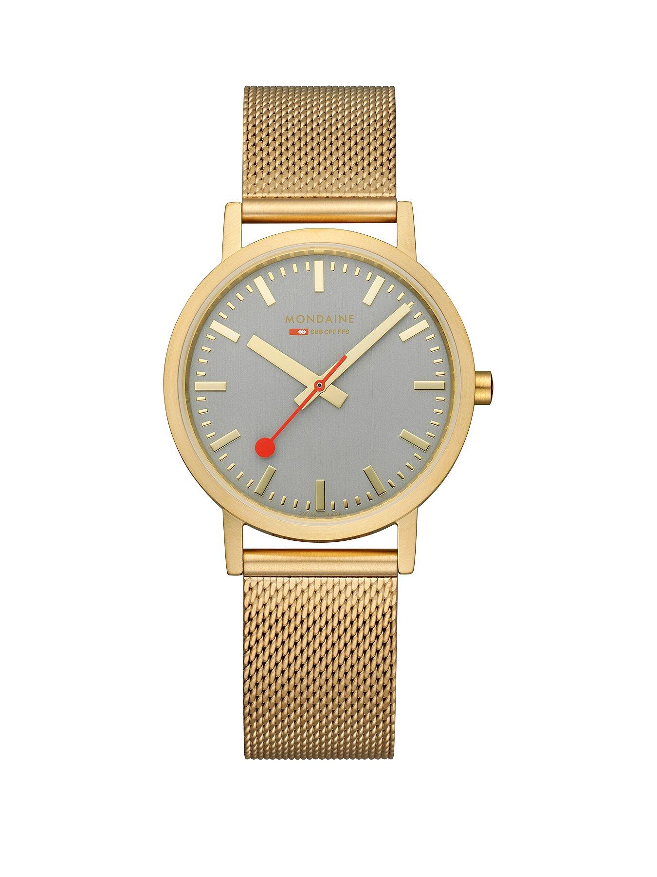 Product photograph of Mondaine Classic Golden 36mm Case Good Grey Watch With Mesh Bracelet from very.co.uk