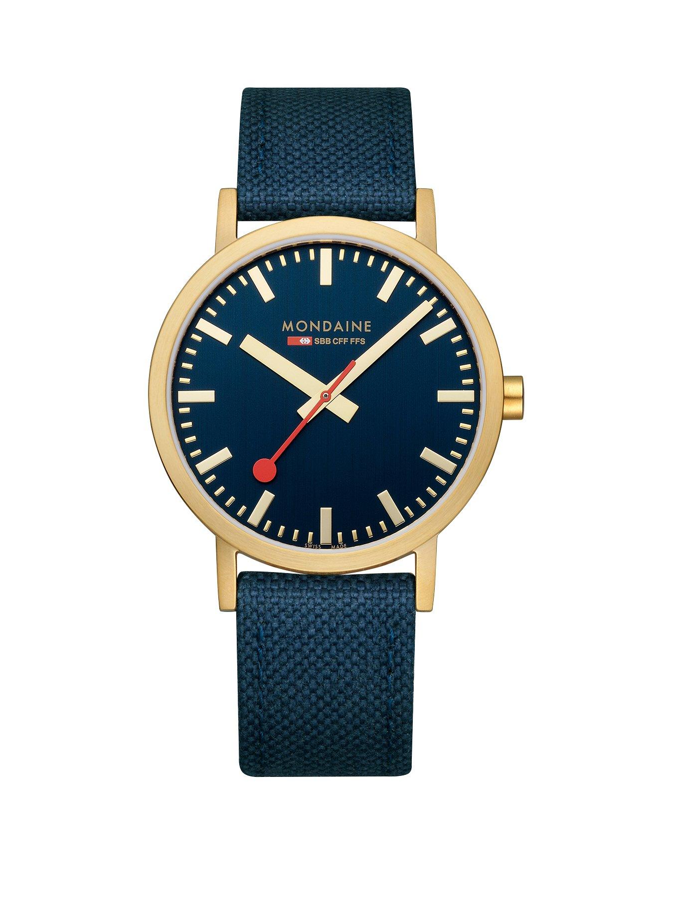 Product photograph of Mondaine Classic Golden 40mm Case Deep Ocean Blue Watch from very.co.uk