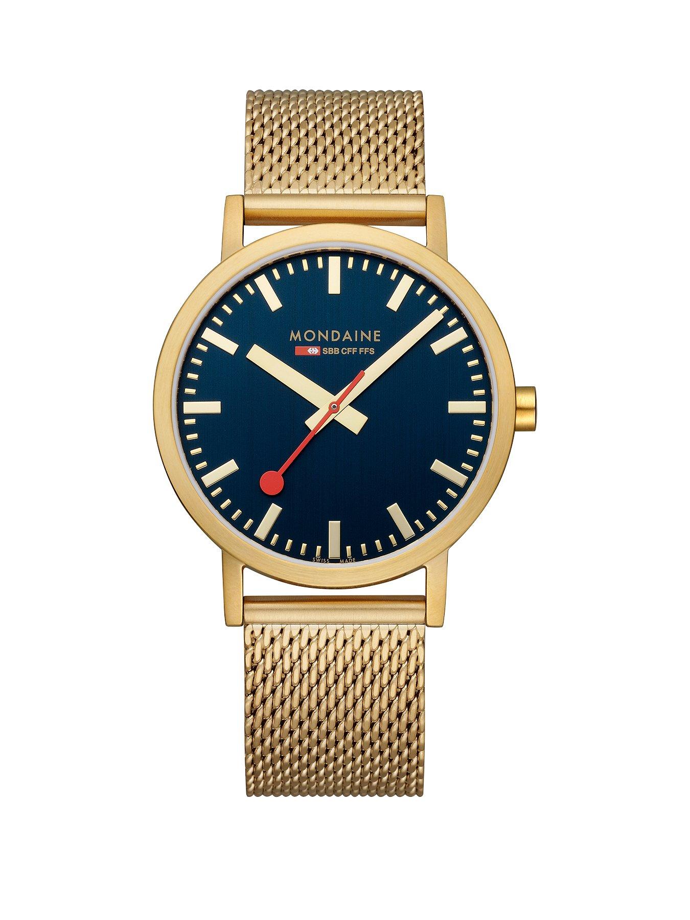 Product photograph of Mondaine Classic Golden 40mm Case Deep Ocean Blue Watch With Mesh Bracelet from very.co.uk