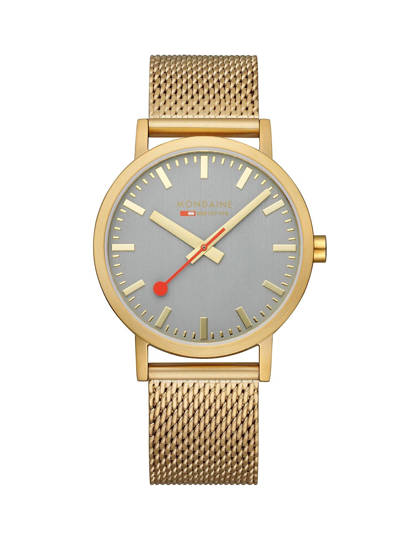 Product photograph of Mondaine Classic Golden 40mm Case Good Grey Watch With Mesh Bracelet from very.co.uk