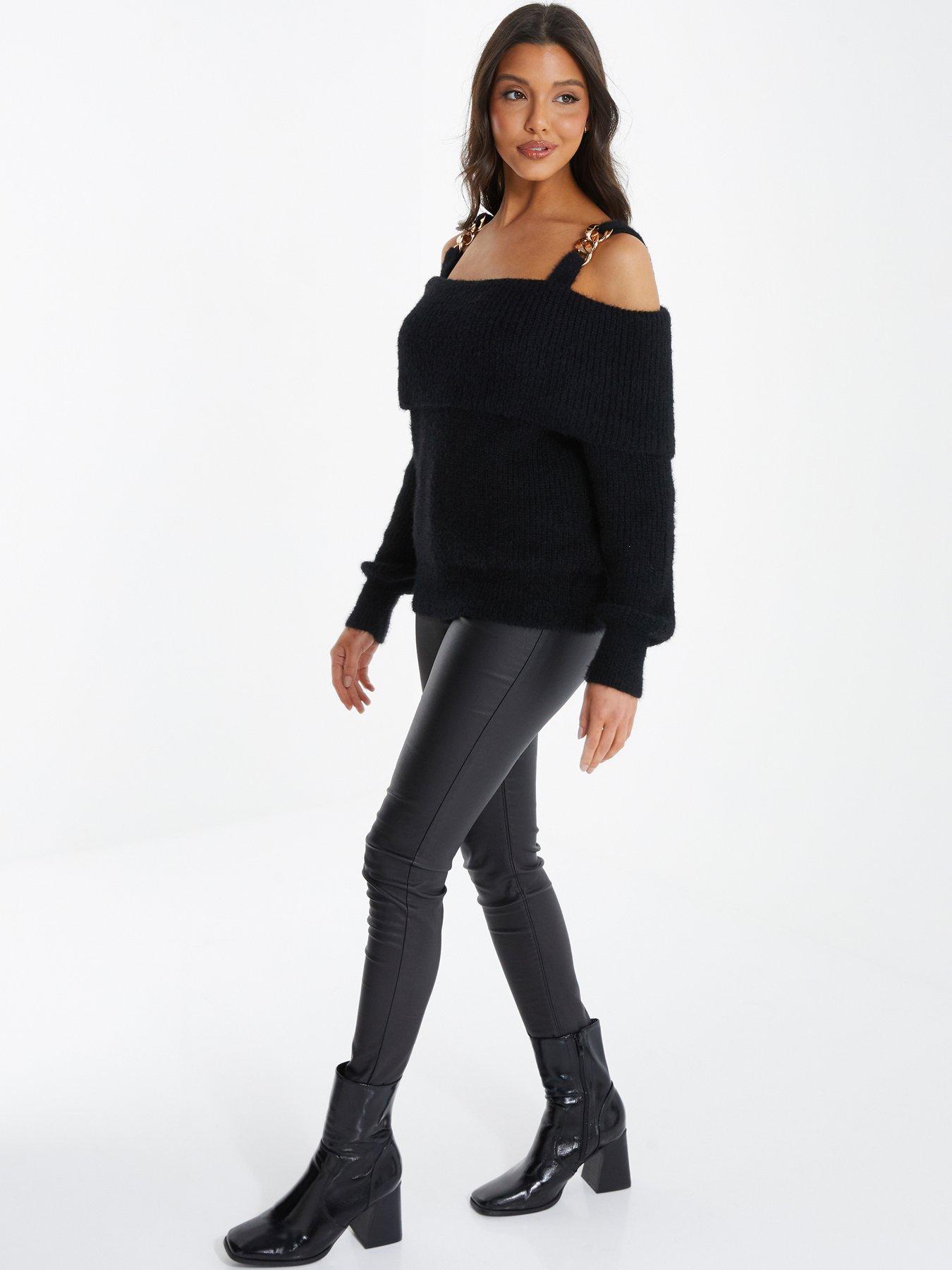 Quiz Knitted Off Shoulder Fluffy Jumper Black very