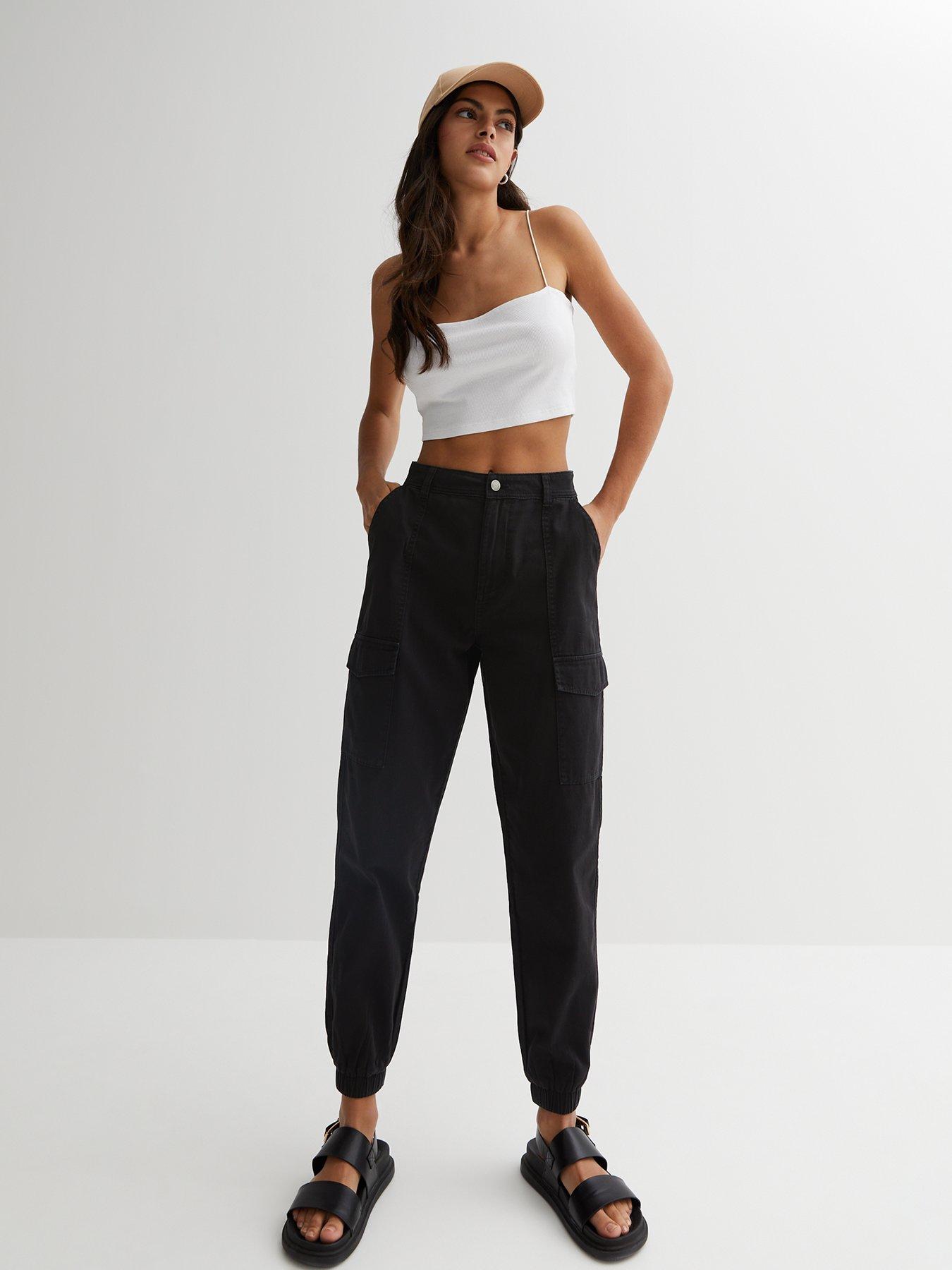 Black Cotton Cuffed Cargo Trousers