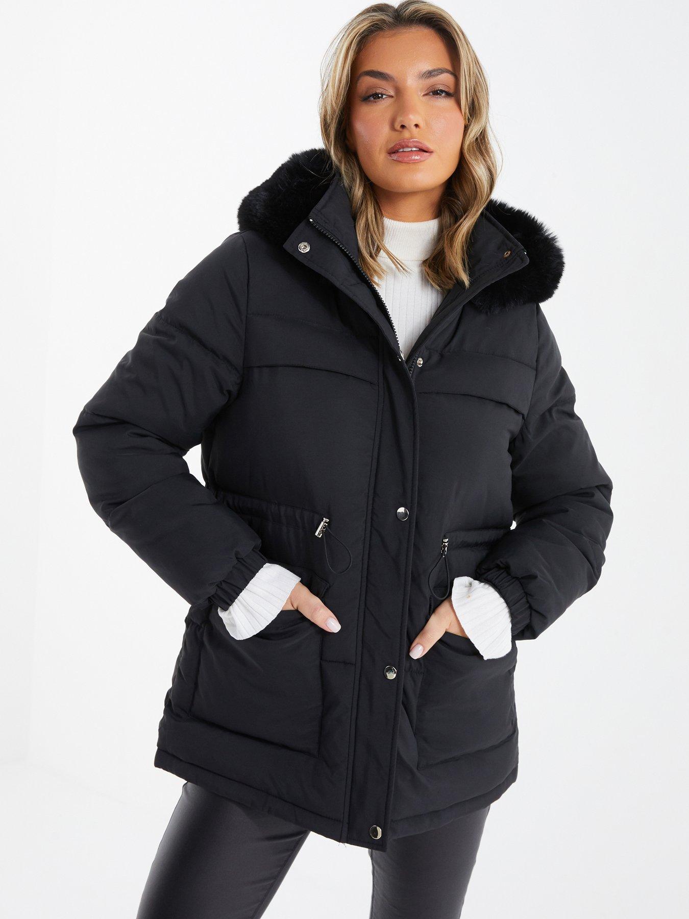 Black padded faux fur clearance hooded coat