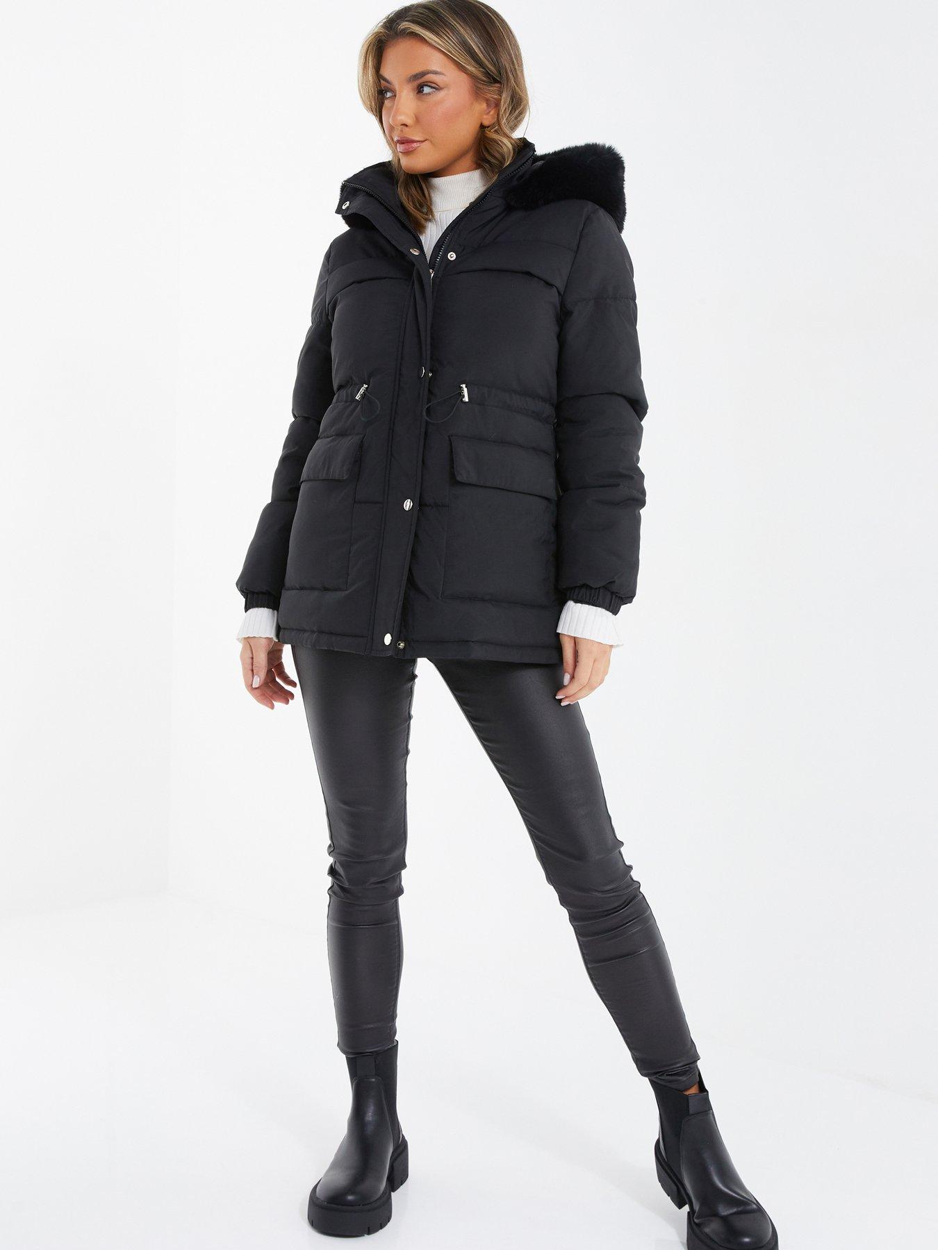 Quiz Padded Faux Fur Hood Jacket - Black