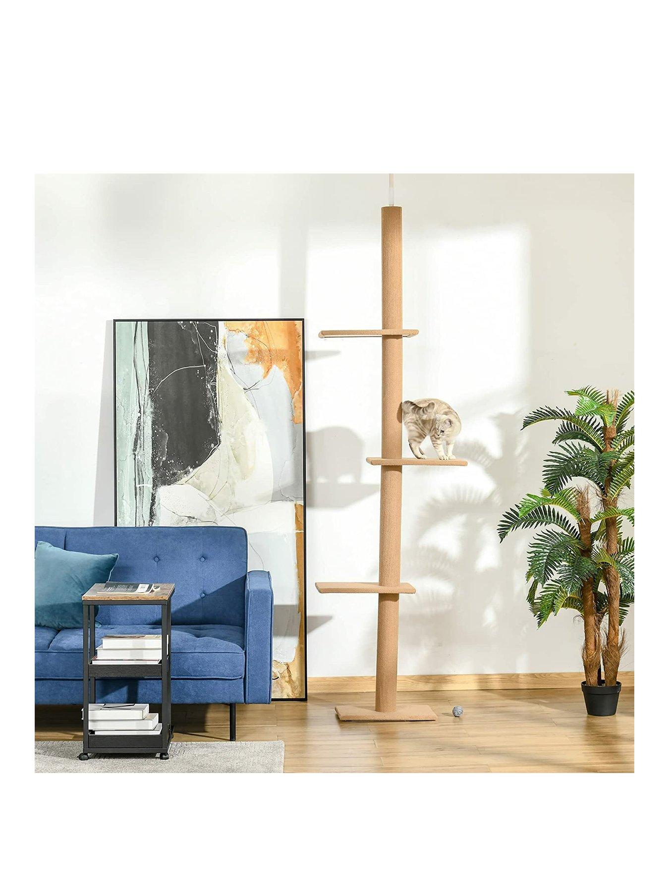 PawHut 260cm Floor To Ceiling Cat Tree w/ 3 Perches Flannel Upholstery Kitten Brown