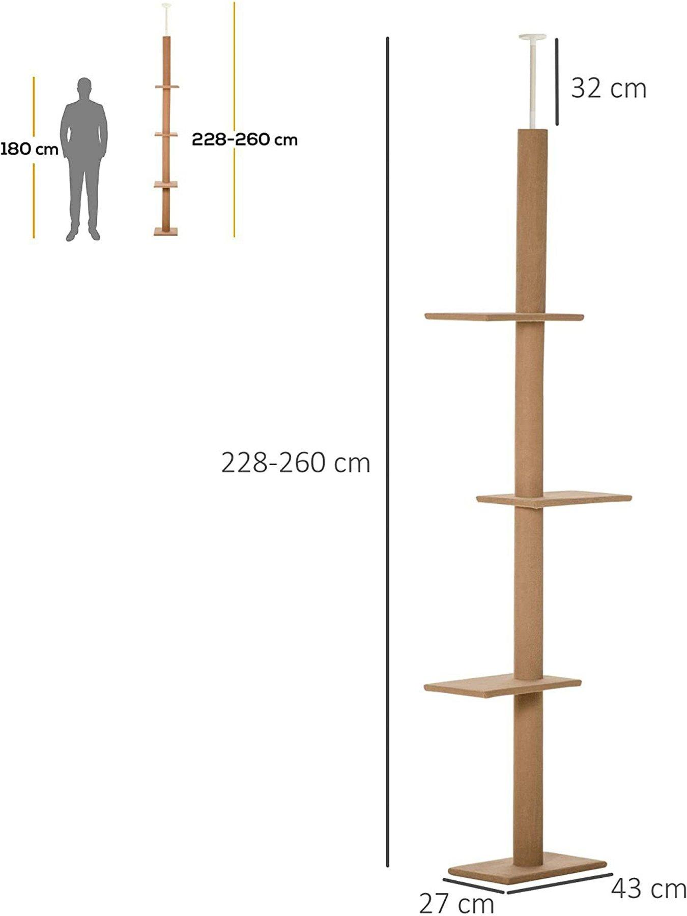 Image 2 of 7 of PawHut 260cm Floor To Ceiling Cat Tree w/ 3 Perches Flannel Upholstery Kitten Brown