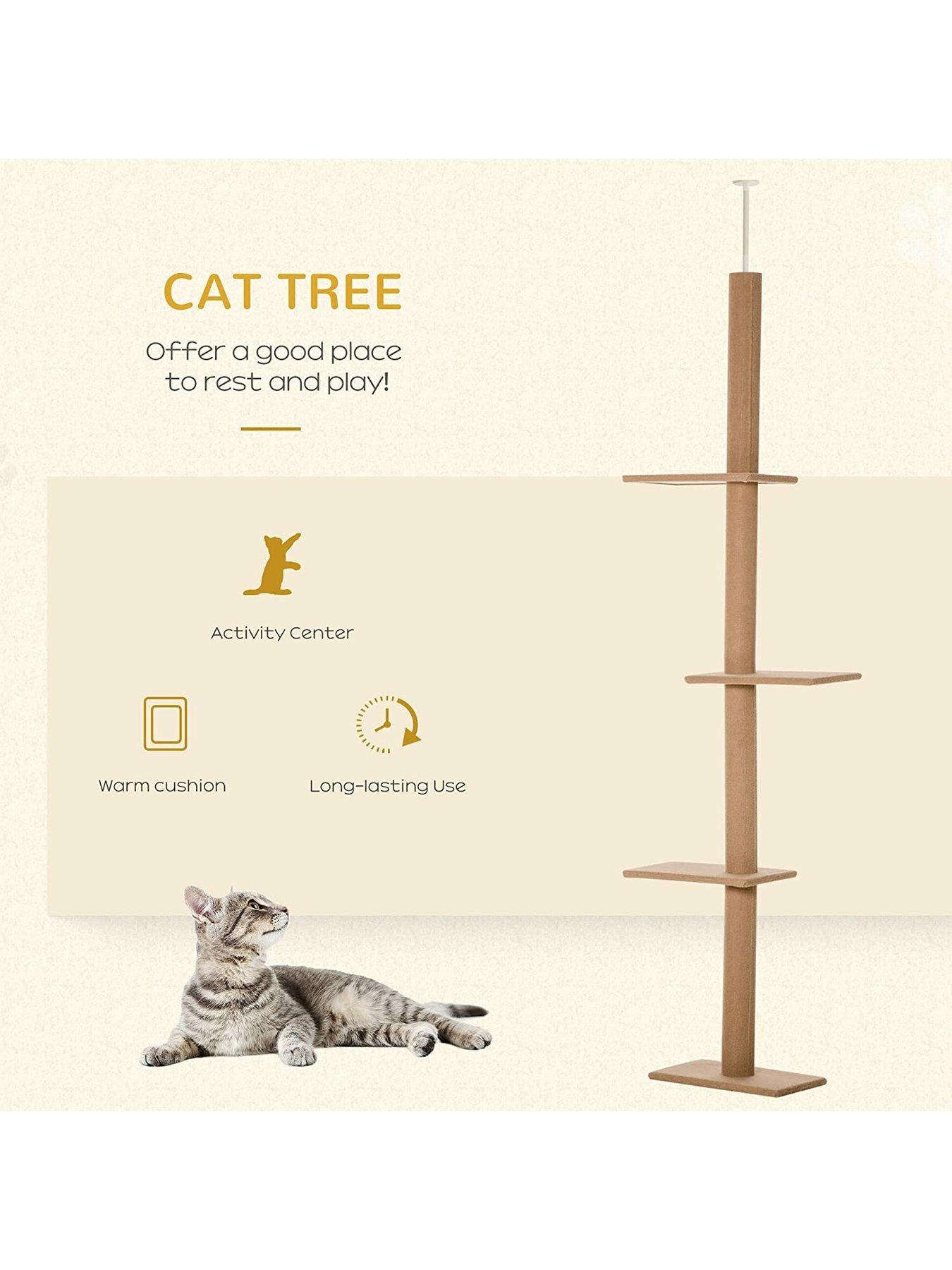 Image 4 of 7 of PawHut 260cm Floor To Ceiling Cat Tree w/ 3 Perches Flannel Upholstery Kitten Brown