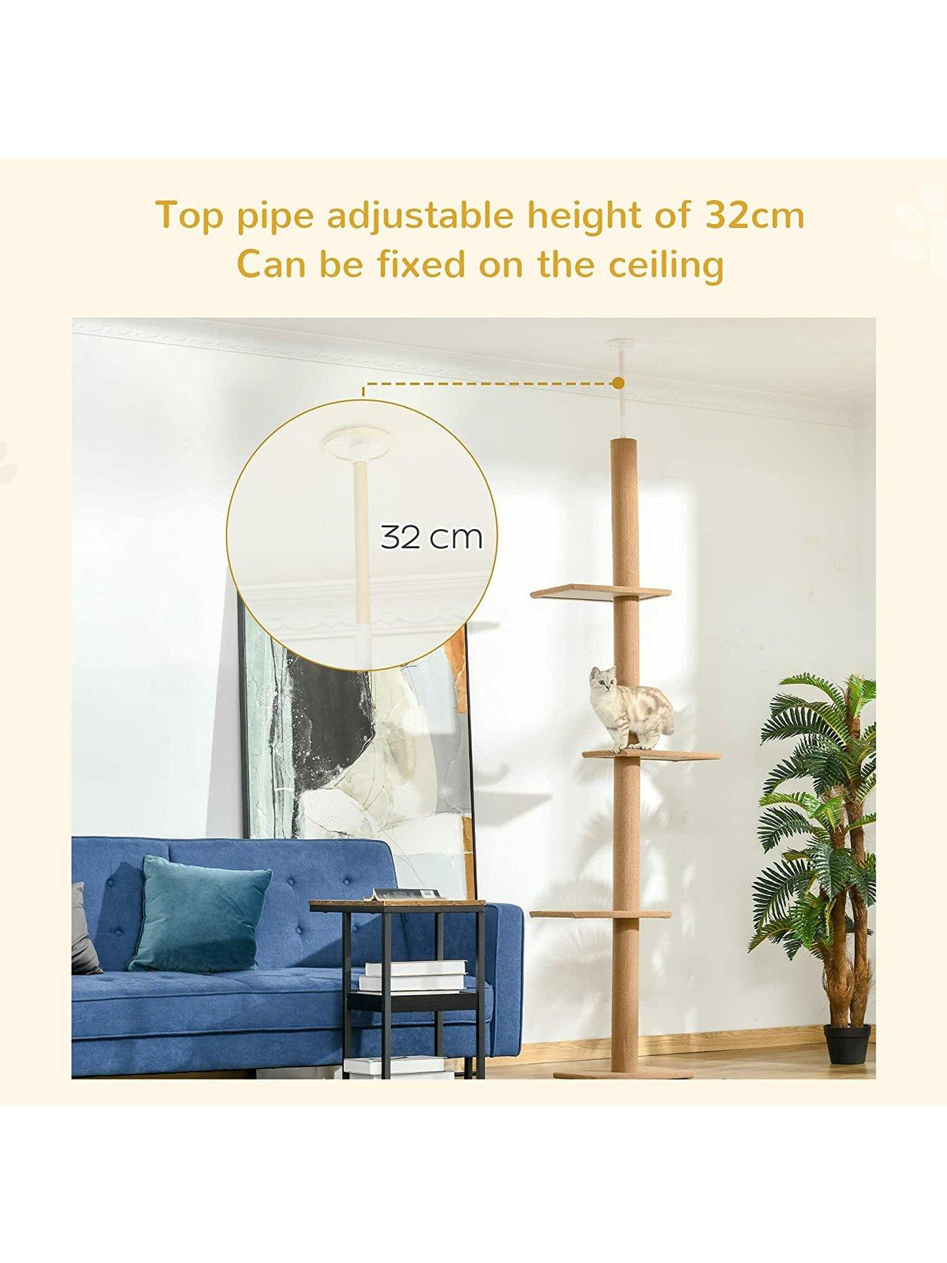 Image 6 of 7 of PawHut 260cm Floor To Ceiling Cat Tree w/ 3 Perches Flannel Upholstery Kitten Brown