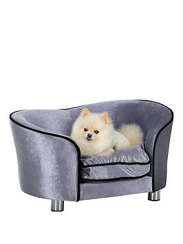 Pawhut Pet Sofa Couch, Dog Bed, Cat Lounger, With Storage Pocket Removable Cushion Modern Furniture For Small Dogs, 69 X 49 X 38Cm, Silver Grey