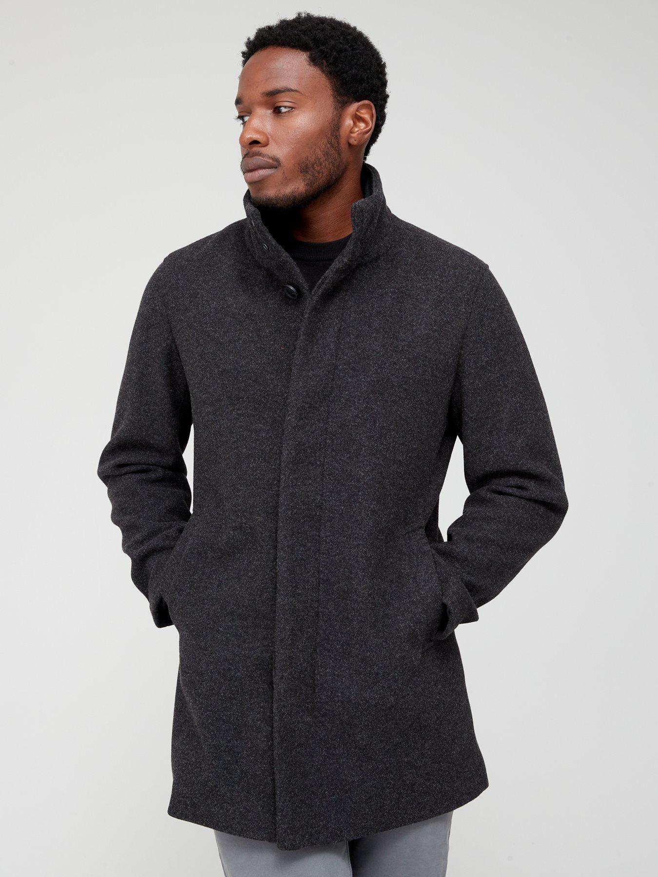 Very Man Faux Wool Funnel Neck Coat - Dark Grey | Very.co.uk