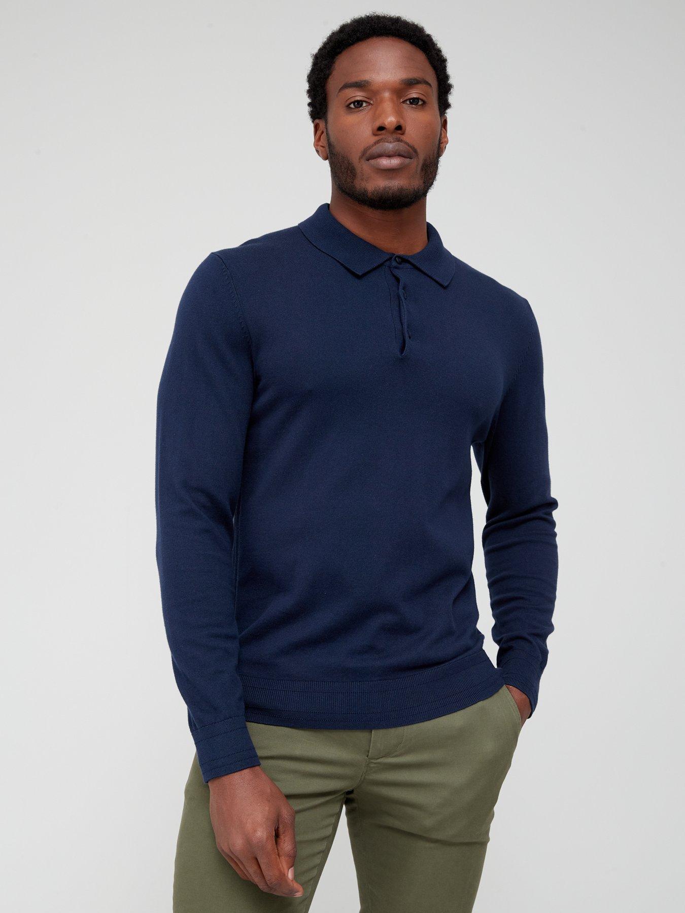 mens long sleeve polo shirts navy blue