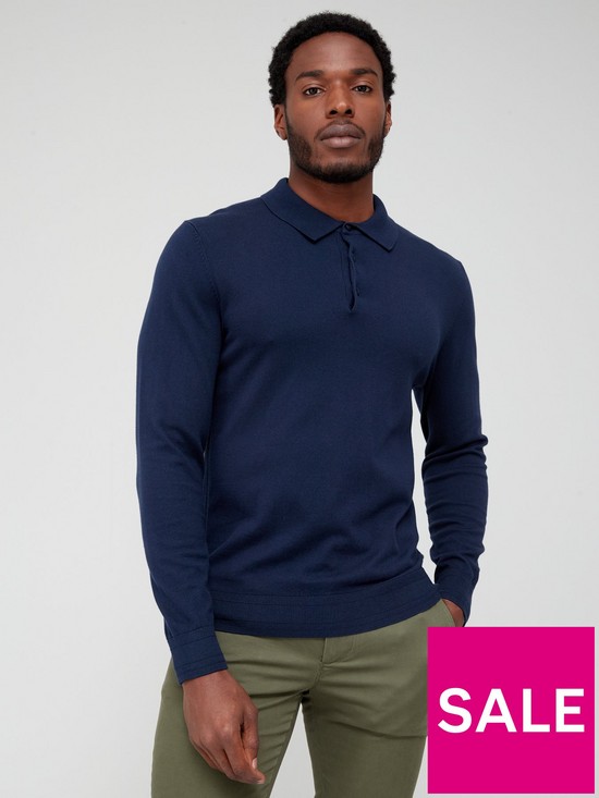 front image of everyday-long-sleeve-cotton-rich-polo-shirt-navynbsp