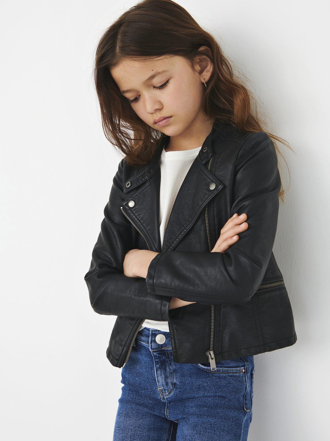 Only Kids Girls Freya Faux Leather Biker Jacket - Black
