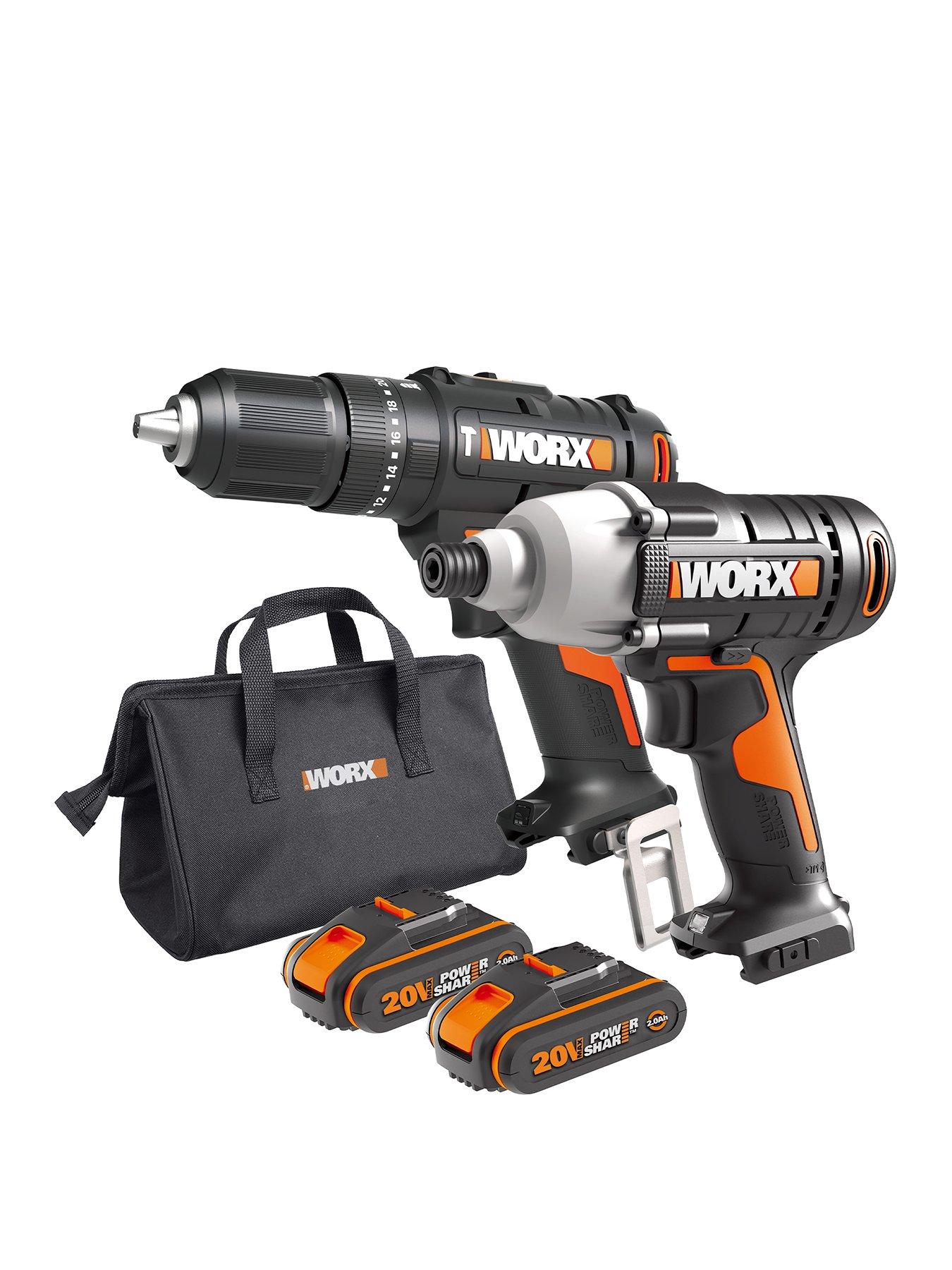 Worx 20V PowerShare Drill Twin Pack Hammer Drill  &  Impact Driver with x2.0Ah Battery and Charger