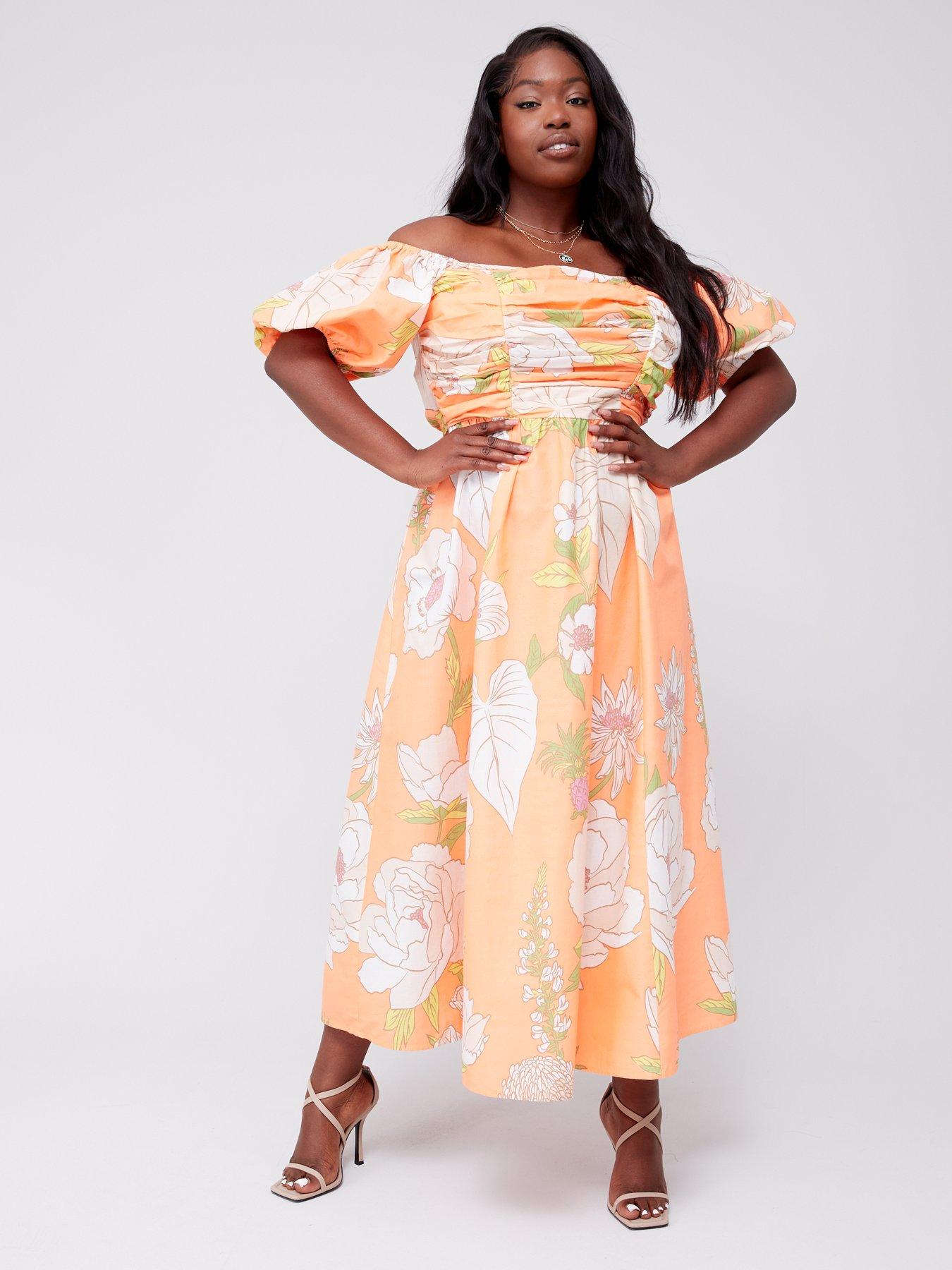 Orange Floral Shirred Waist Midi Dress