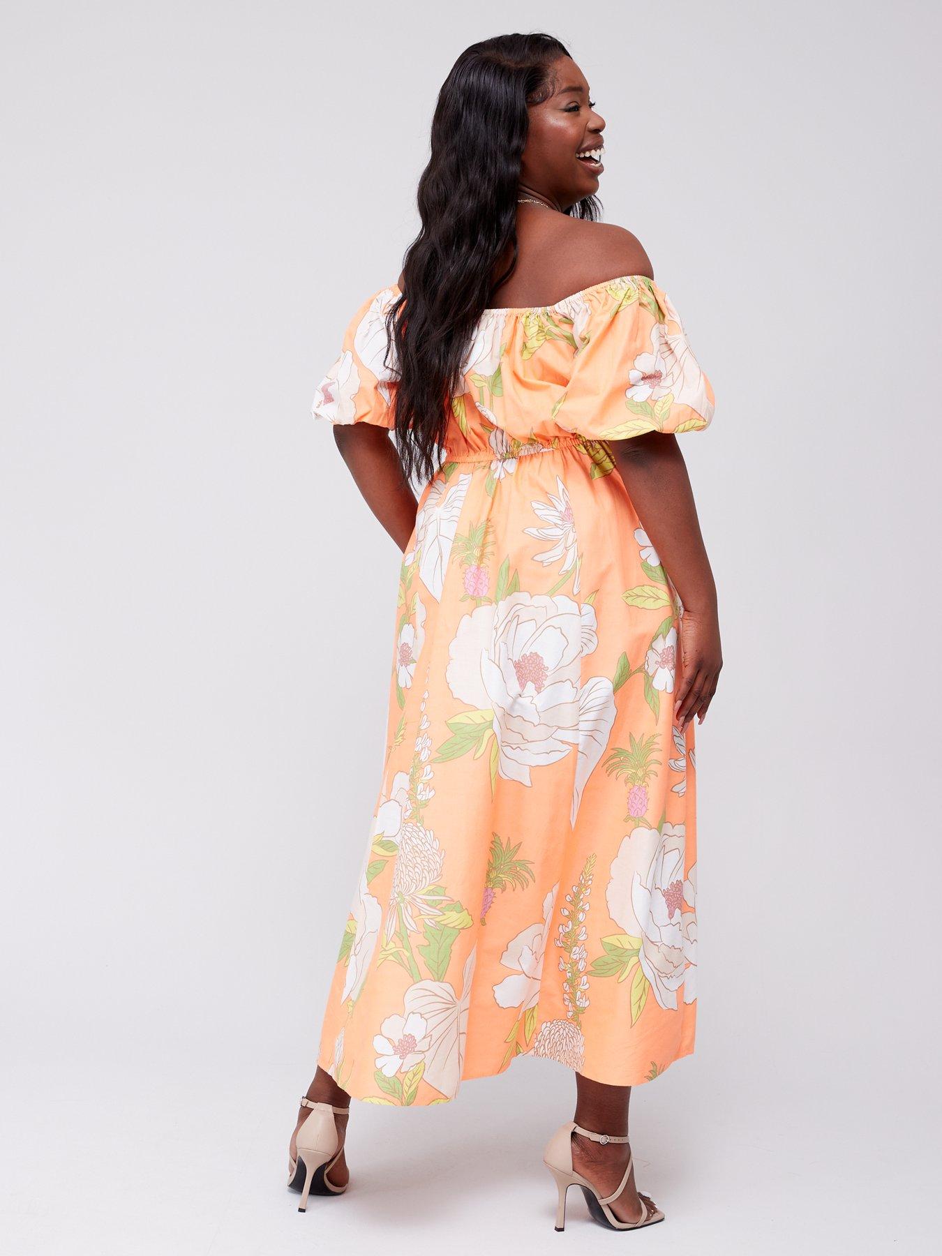 V by Very Curve Shirred Off Shoulder Floral Midi Dress Orange