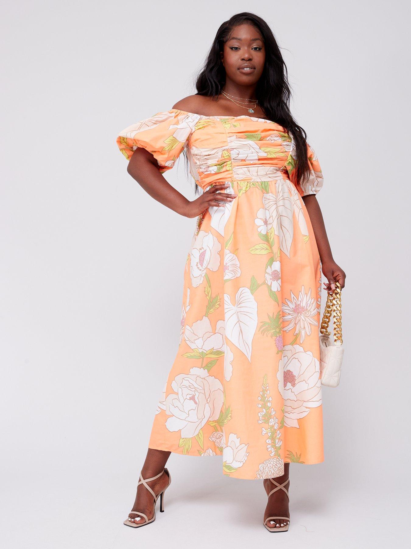 V by Very Curve Shirred Off Shoulder Floral Midi Dress Orange