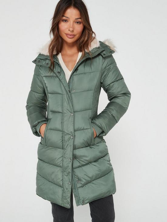 front image of everyday-waist-detail-padded-coat-green