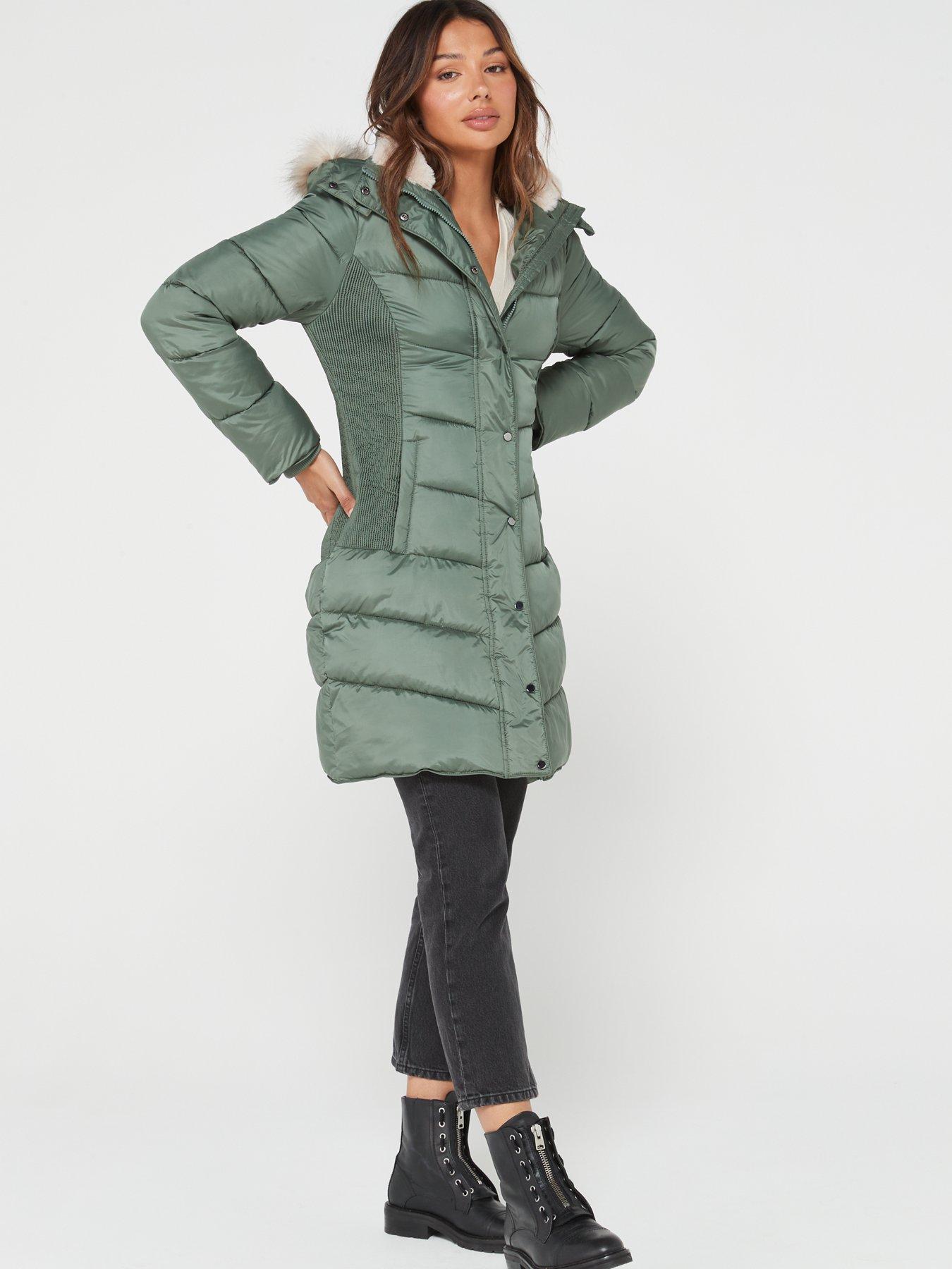 Everyday Waist Detail Padded Coat - Green | Very.co.uk