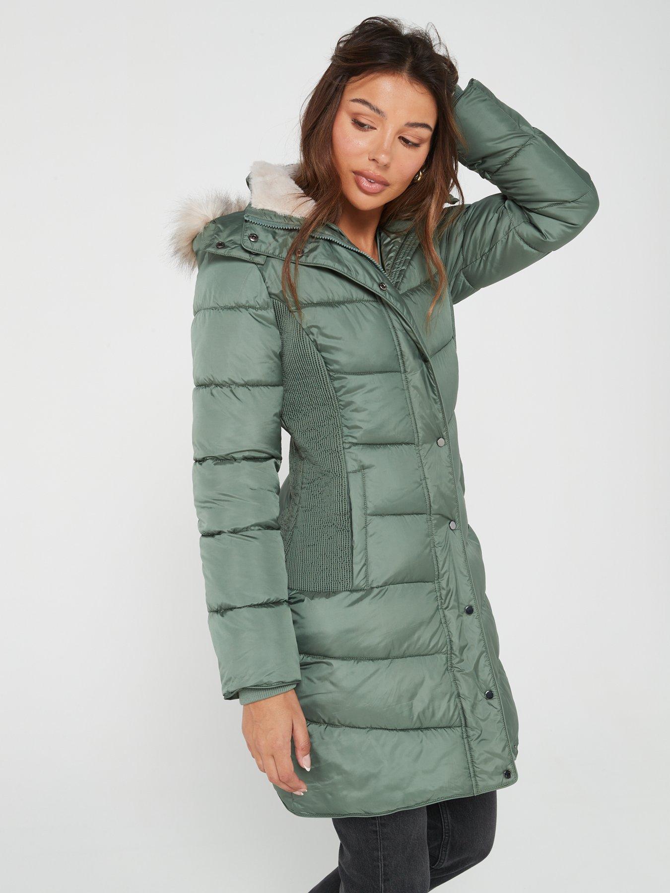 Everyday Waist Detail Padded Coat - Green | Very.co.uk